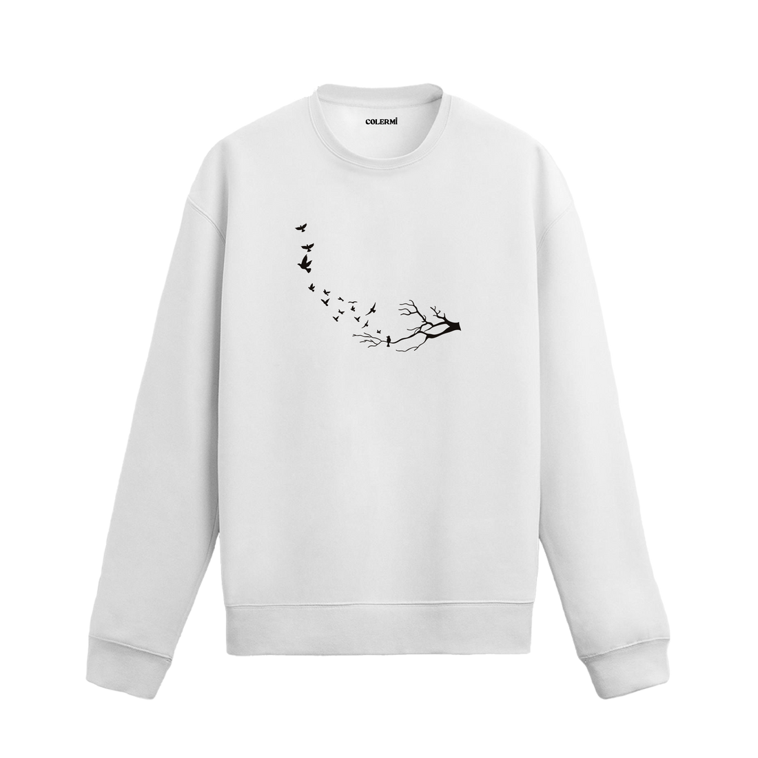 Kuru bir daldan havalanan kuşların özgürlüğü simgelediği minimalist sweatshirt tasarımı.