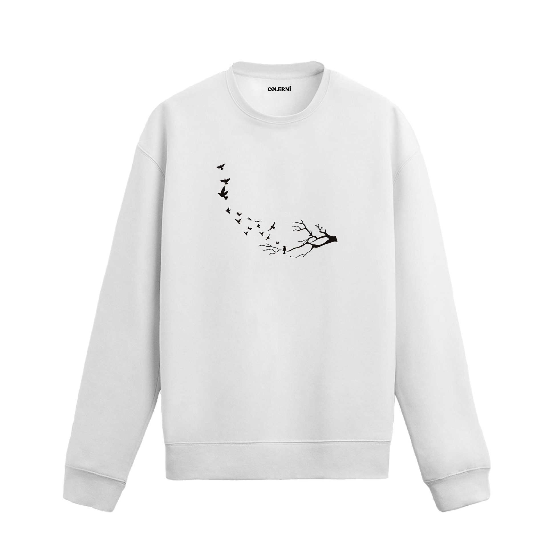 Kuru bir daldan havalanan kuşların özgürlüğü simgelediği minimalist sweatshirt tasarımı.