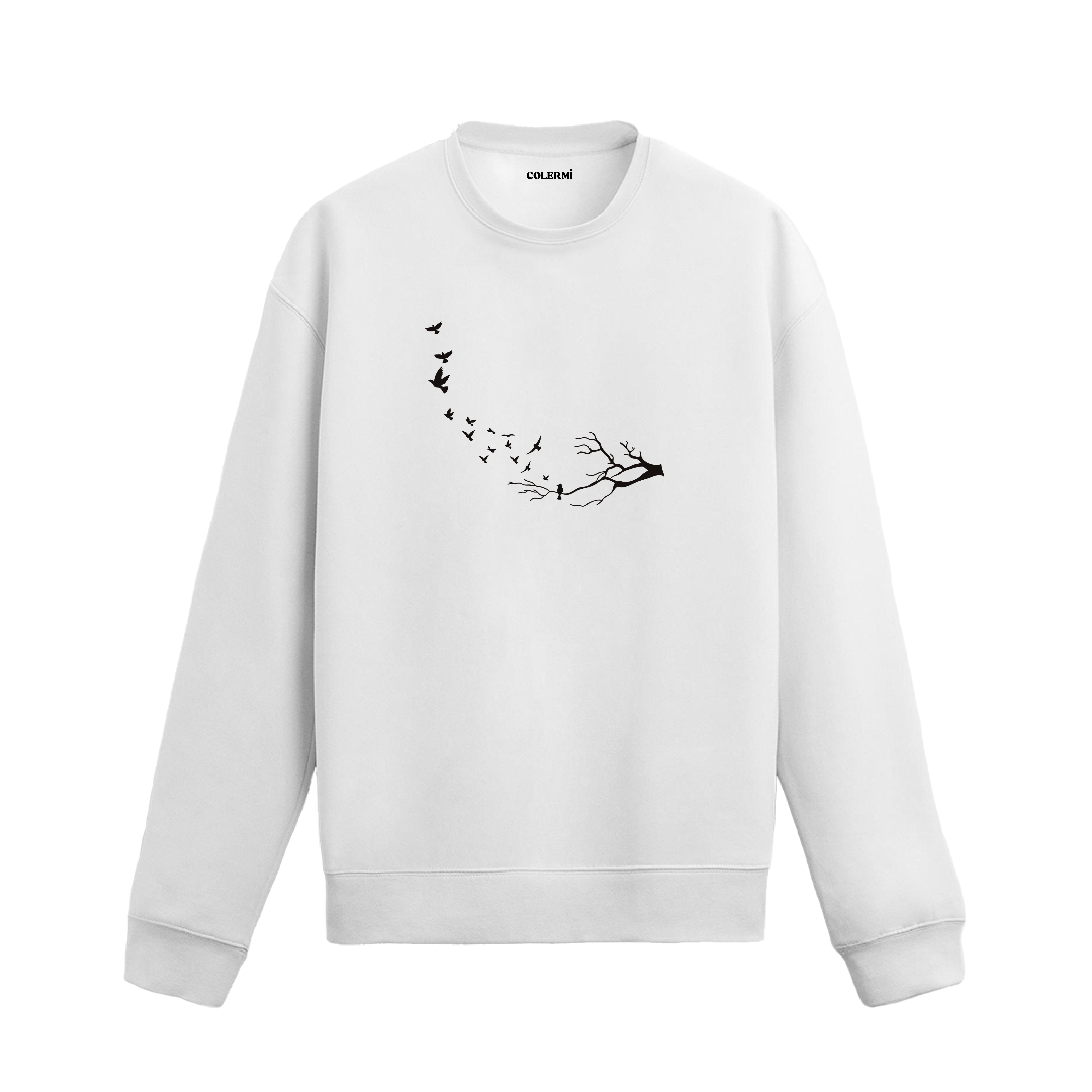 Kuru bir daldan havalanan kuşların özgürlüğü simgelediği minimalist sweatshirt tasarımı.