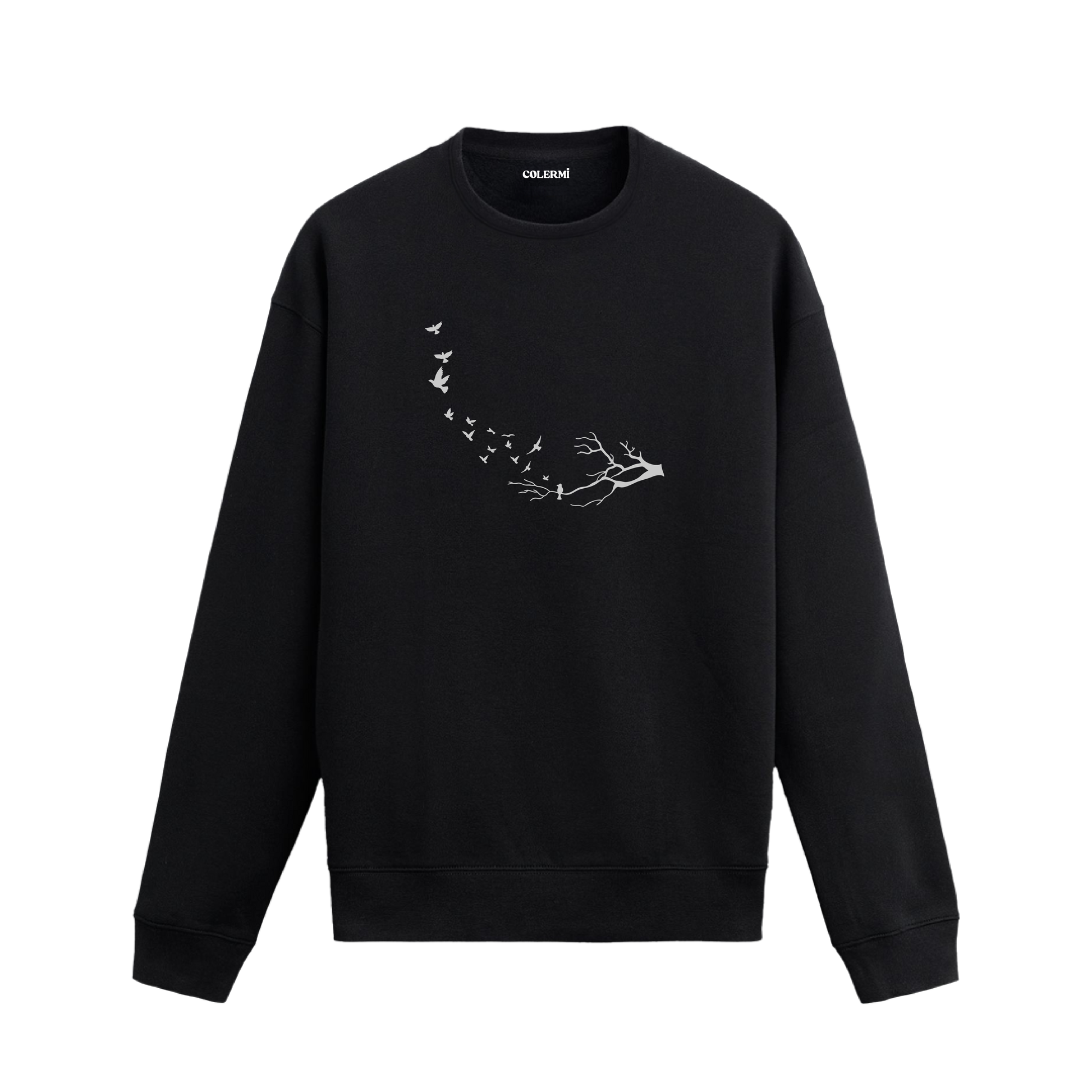 Kuru bir daldan havalanan kuşların özgürlüğü simgelediği minimalist sweatshirt tasarımı.