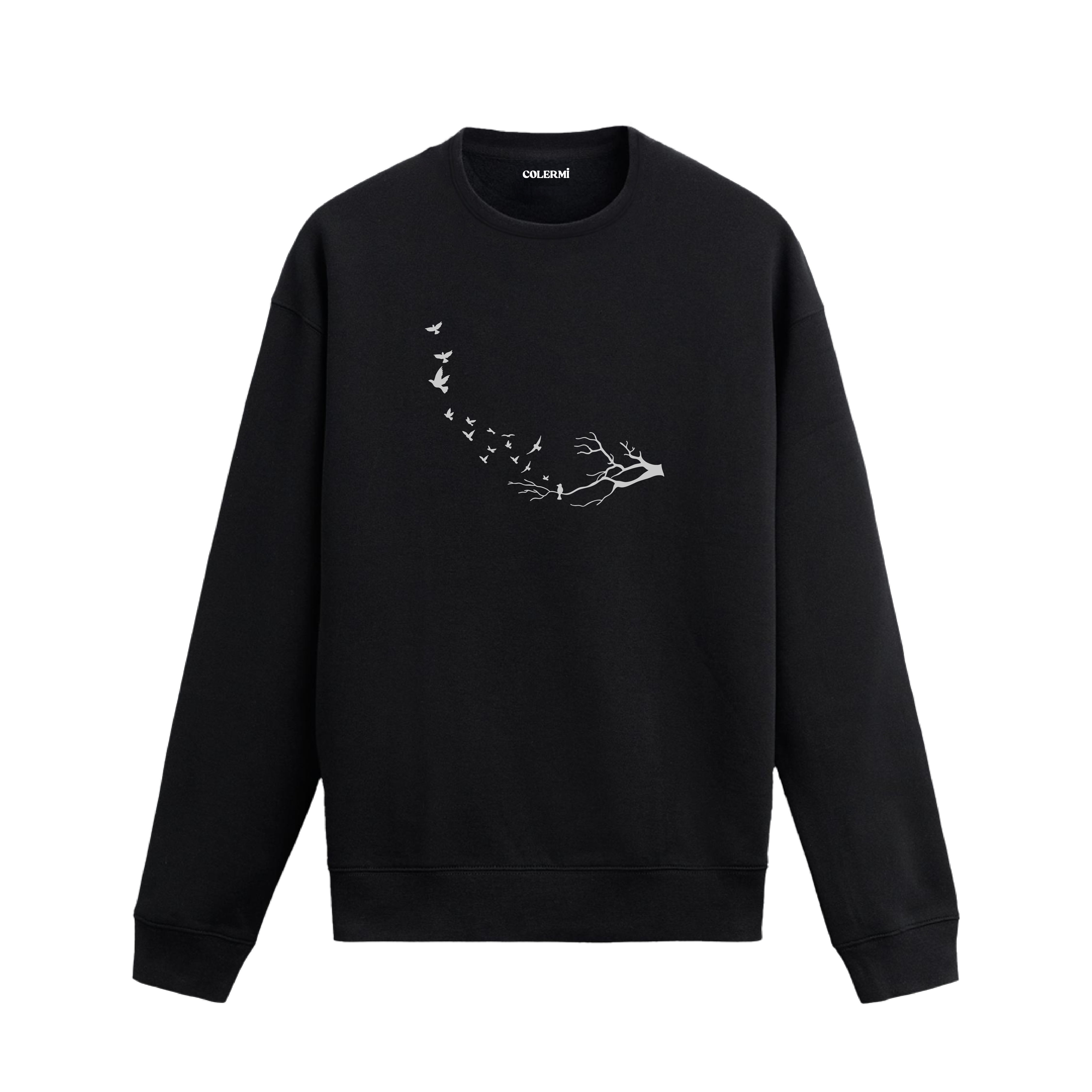 Kuru bir daldan havalanan kuşların özgürlüğü simgelediği minimalist sweatshirt tasarımı.