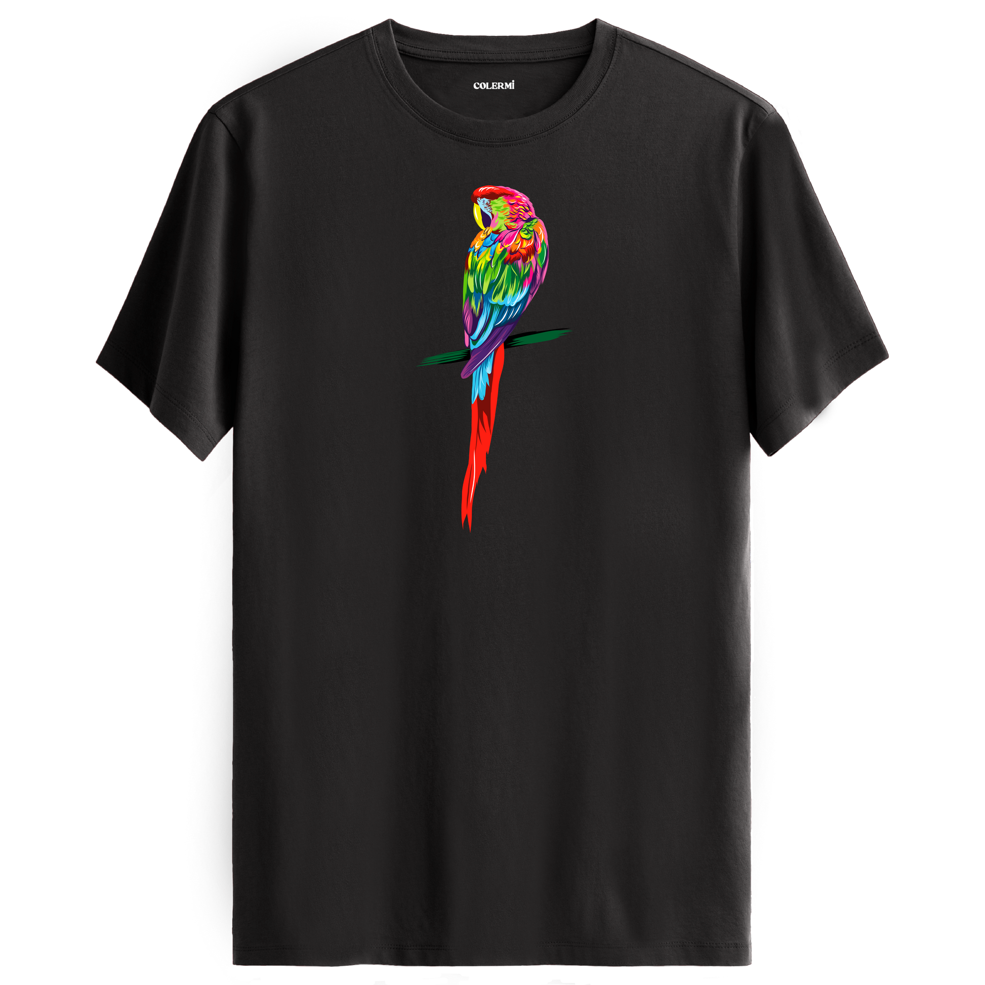 Antrasit tişört üzerinde renkli papağan tasarımı