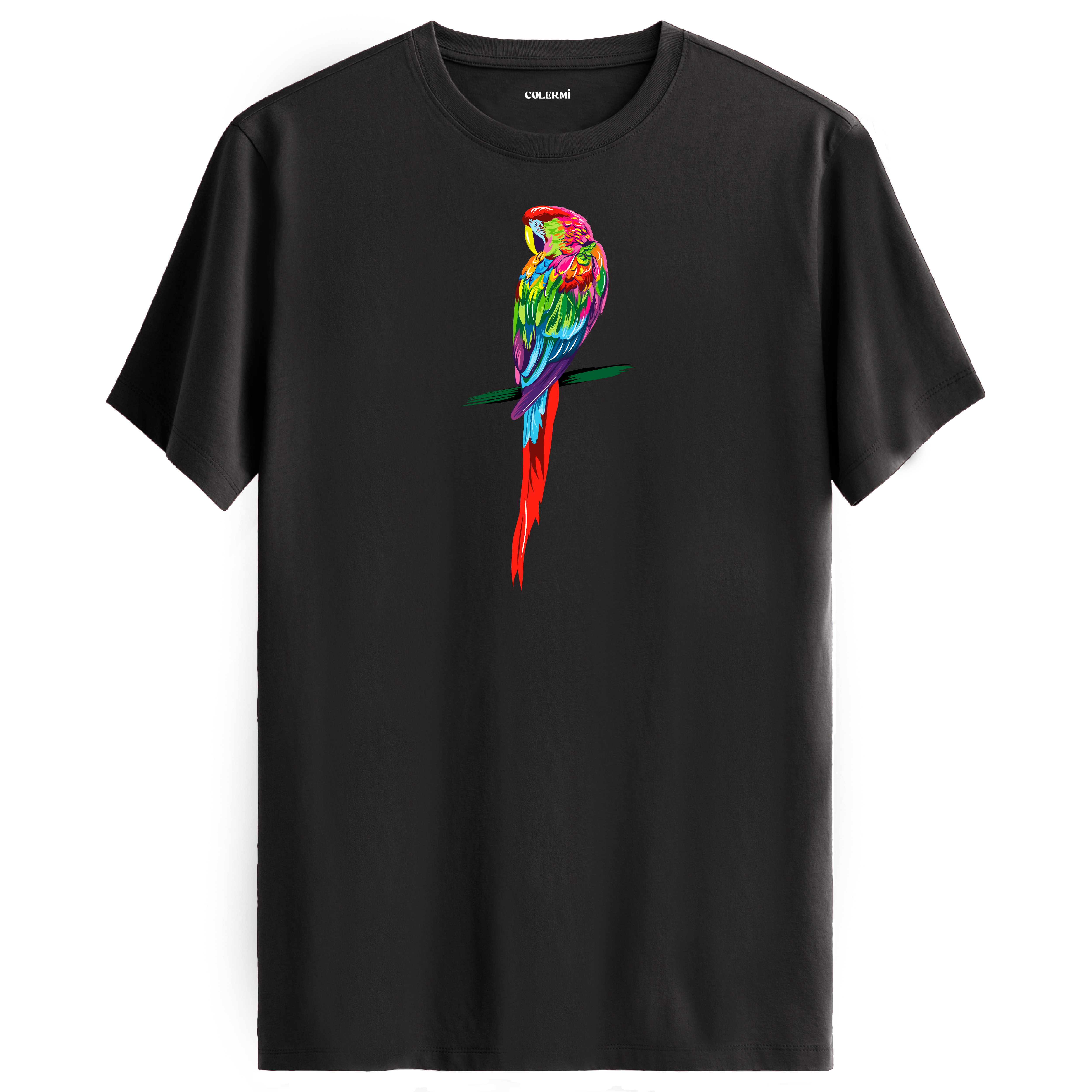 Antrasit tişört üzerinde renkli papağan tasarımı