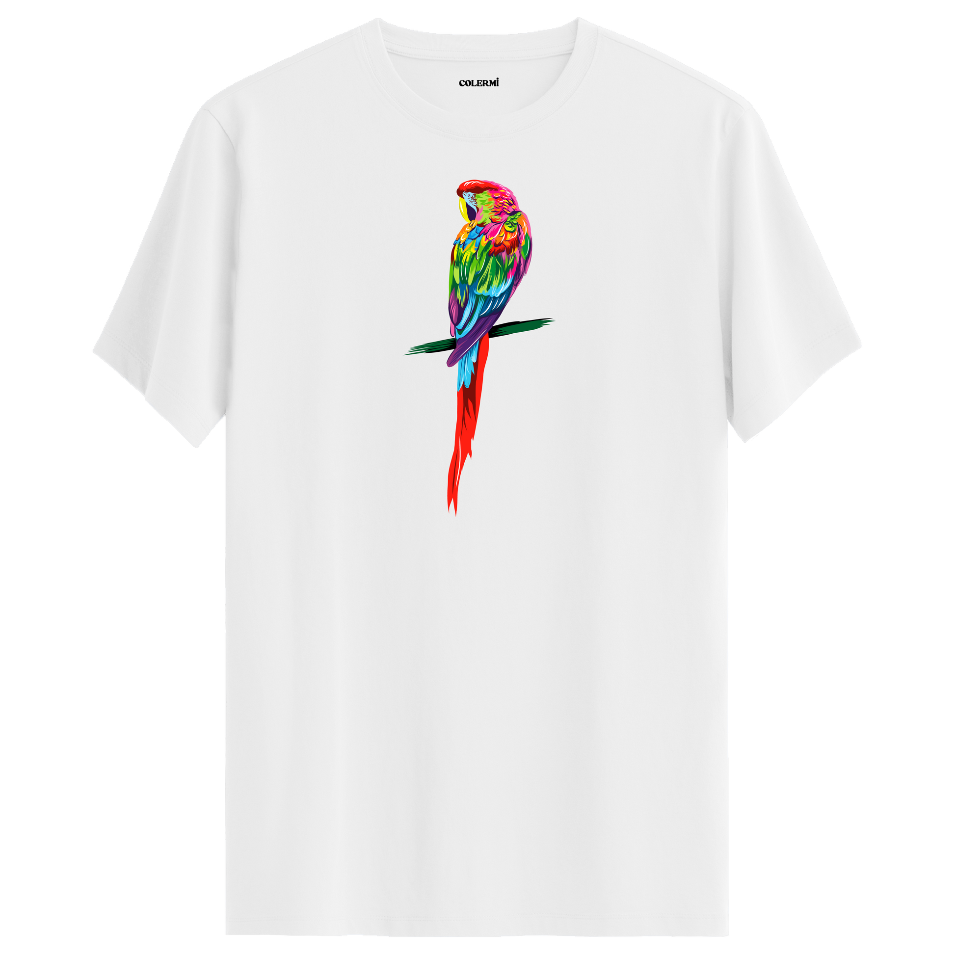 Beyaz tişört üzerinde renkli papağan tasarımı