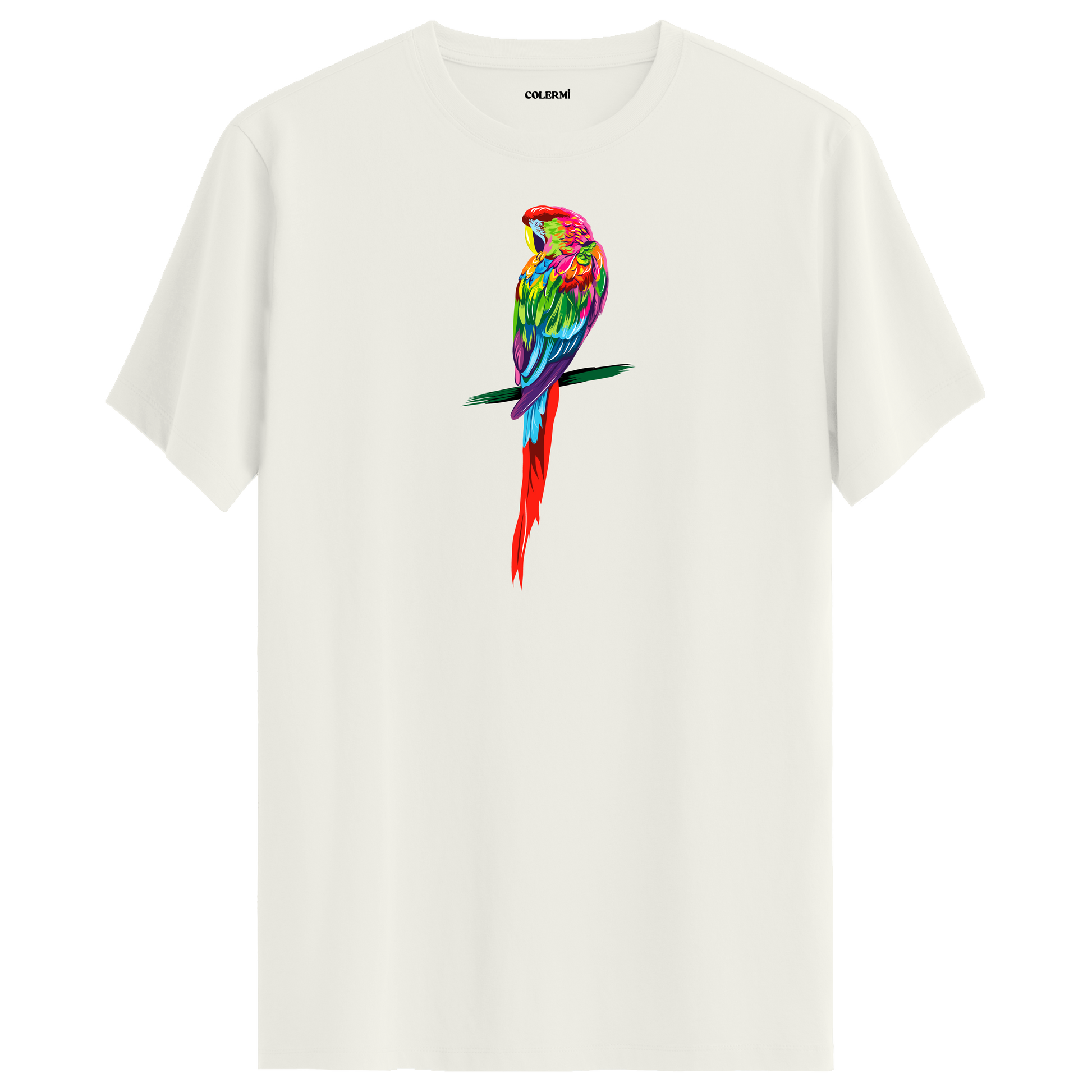 Ekru tişört üzerinde renkli papağan tasarımı