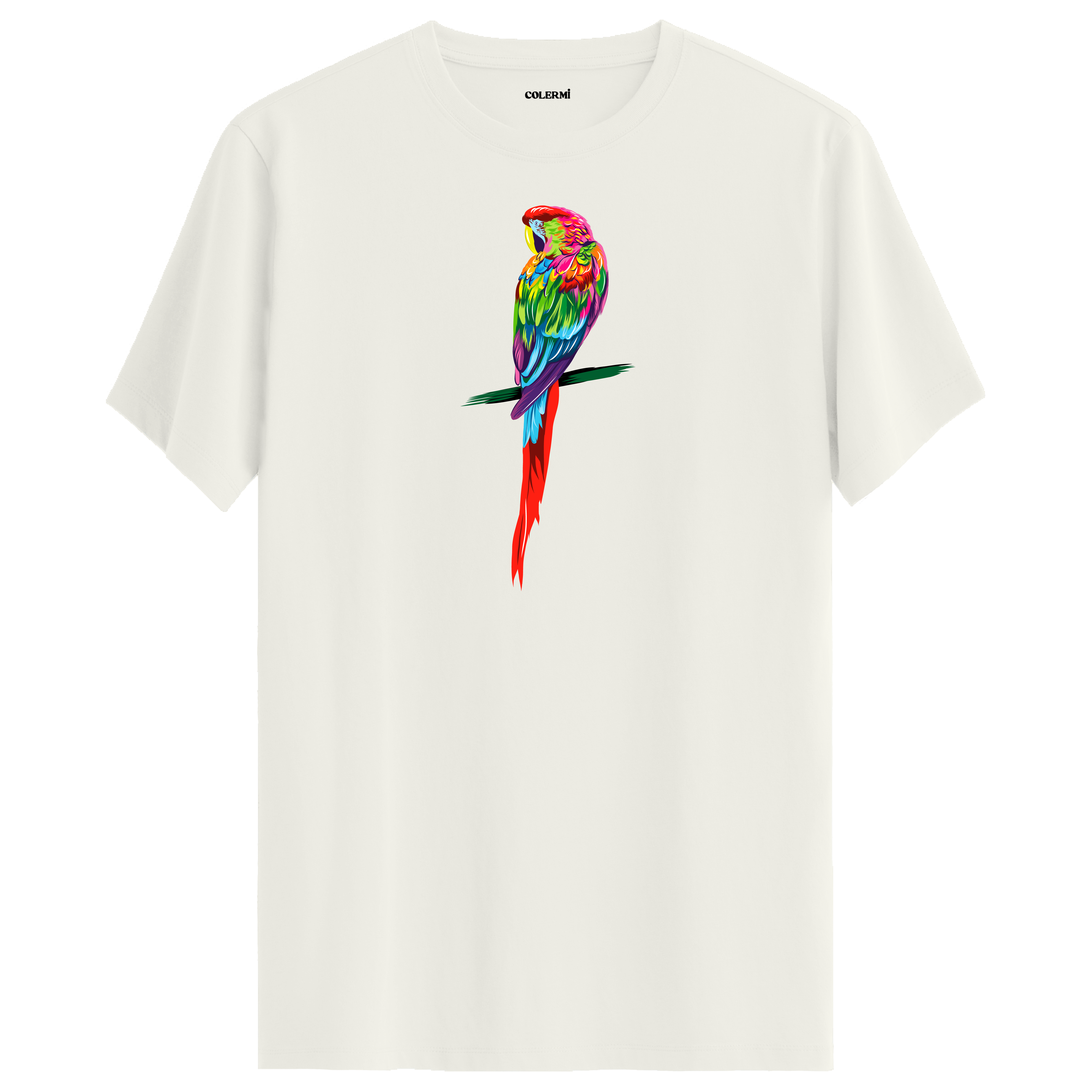 Ekru tişört üzerinde renkli papağan tasarımı