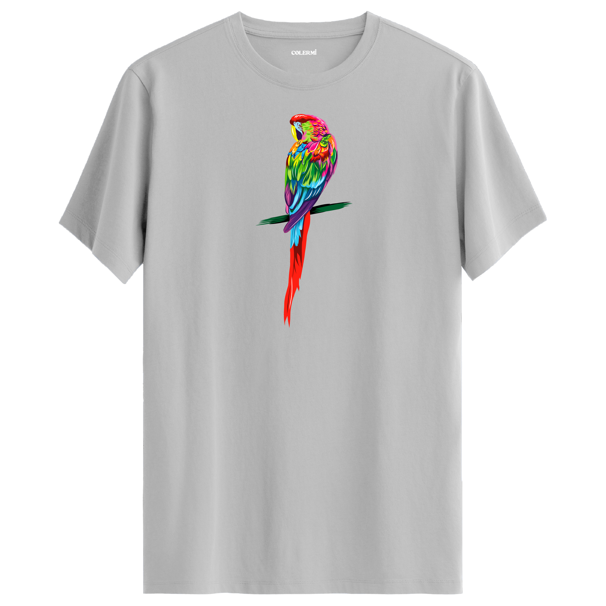Gri tişört üzerinde renkli papağan tasarımı