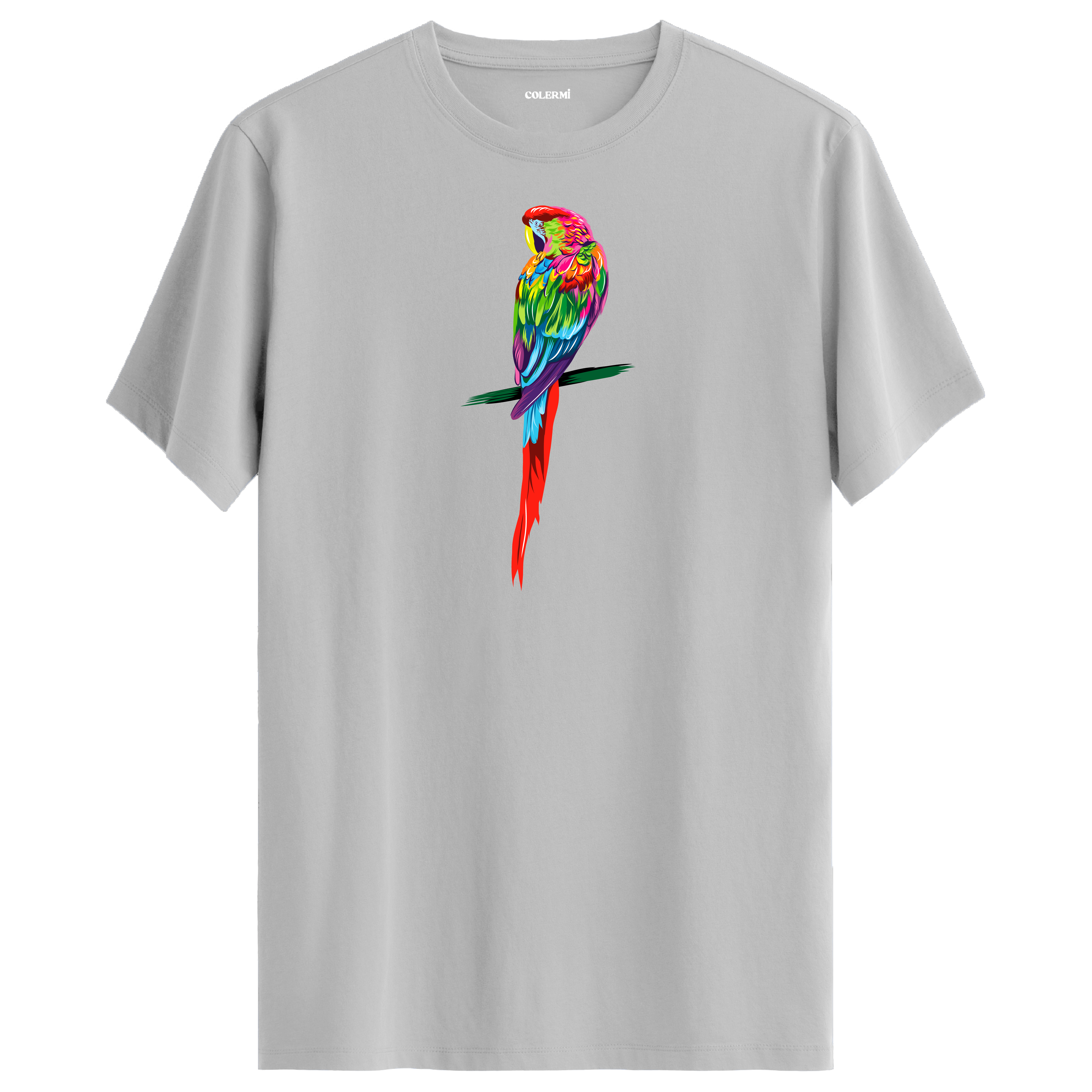 Gri tişört üzerinde renkli papağan tasarımı