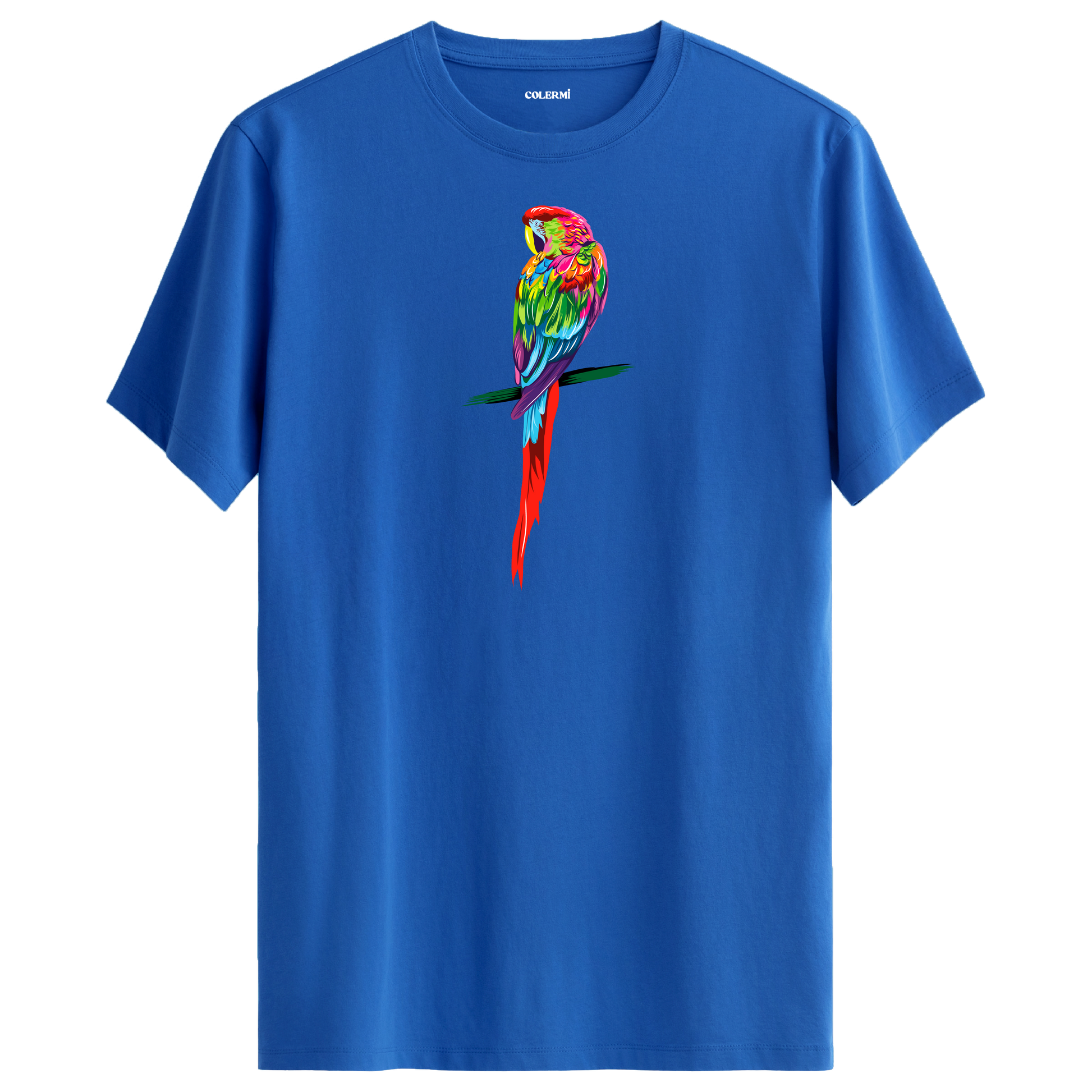 Mavi tişört üzerinde renkli papağan tasarımı