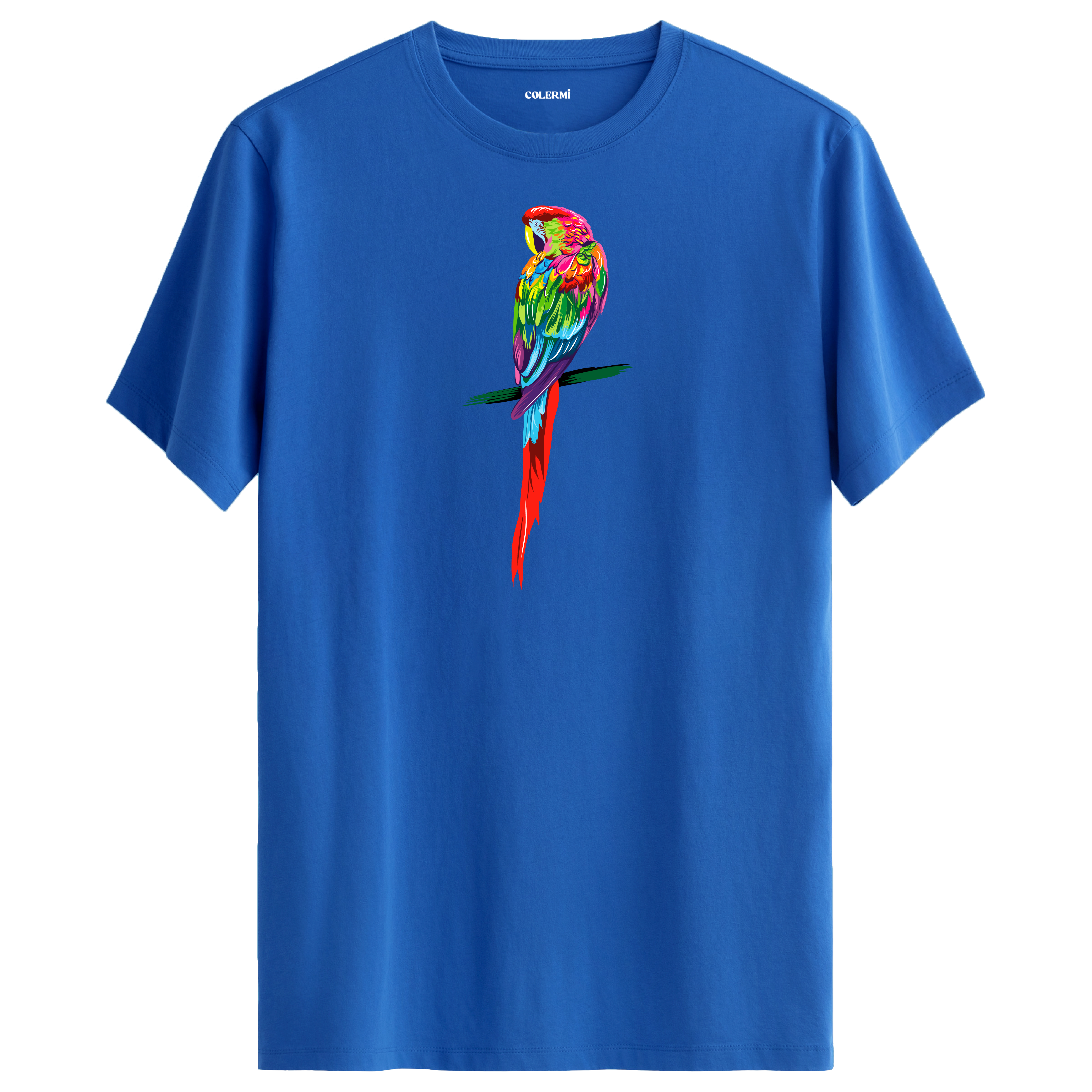 Mavi tişört üzerinde renkli papağan tasarımı