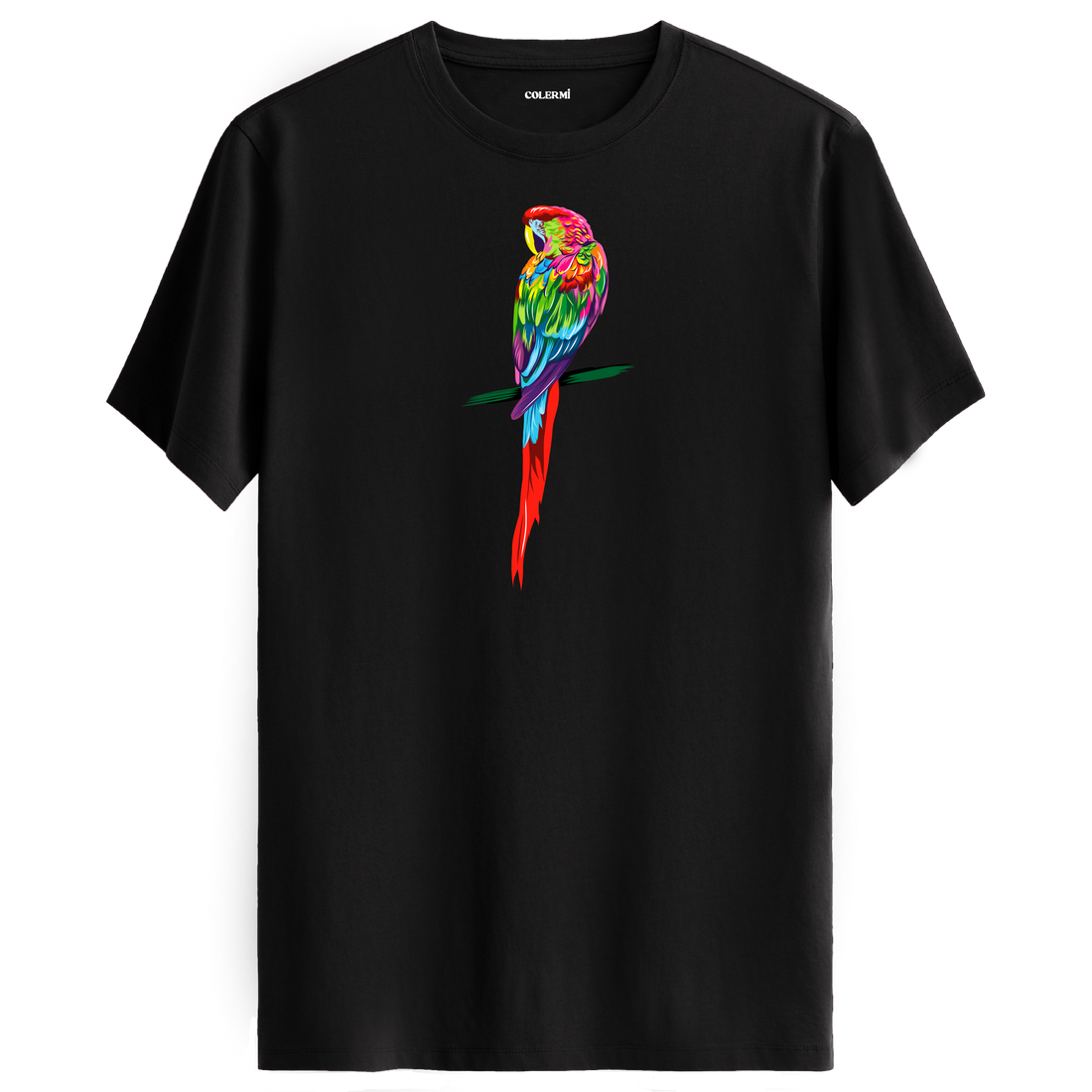 Siyah tişört üzerinde renkli papağan tasarımı