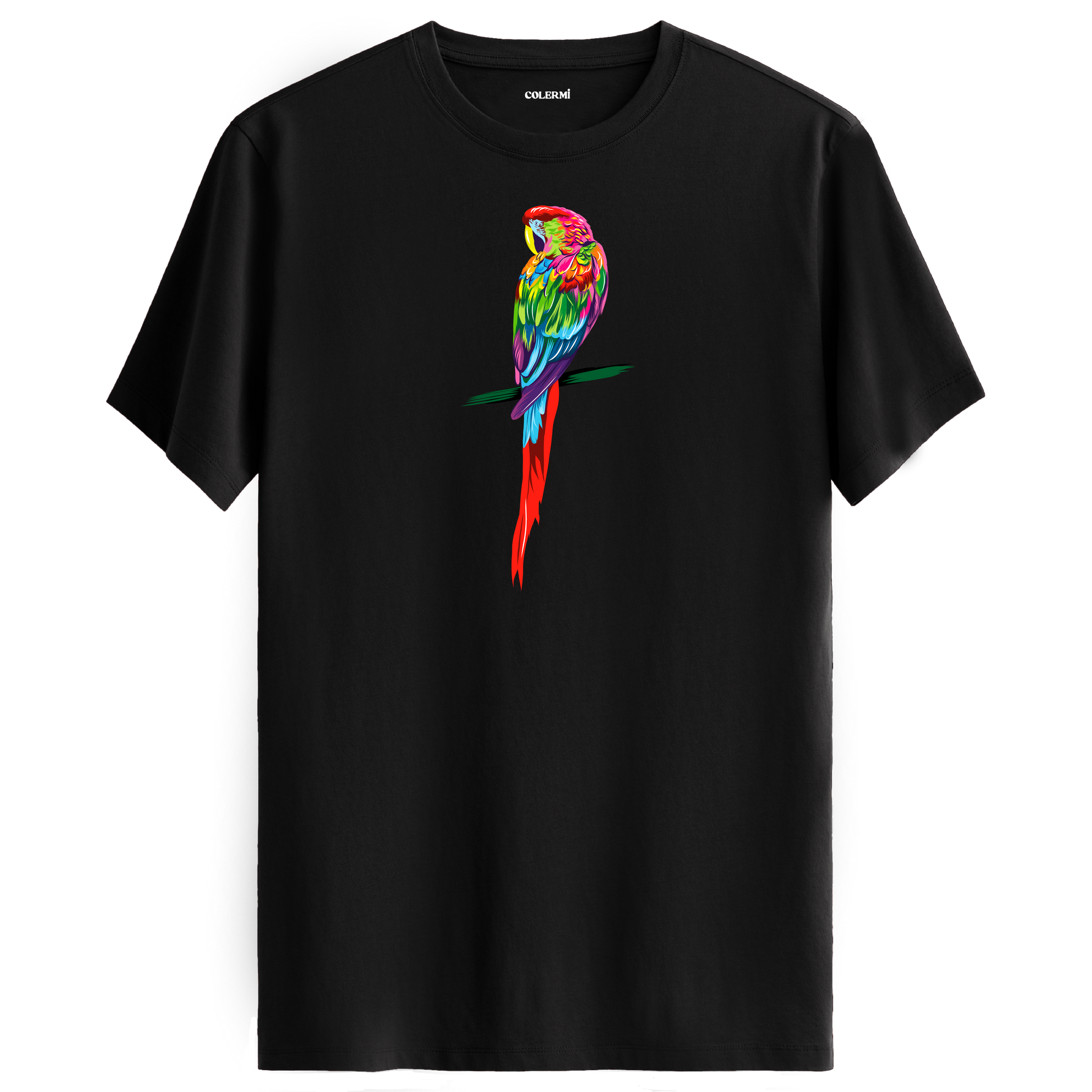 Siyah tişört üzerinde renkli papağan tasarımı