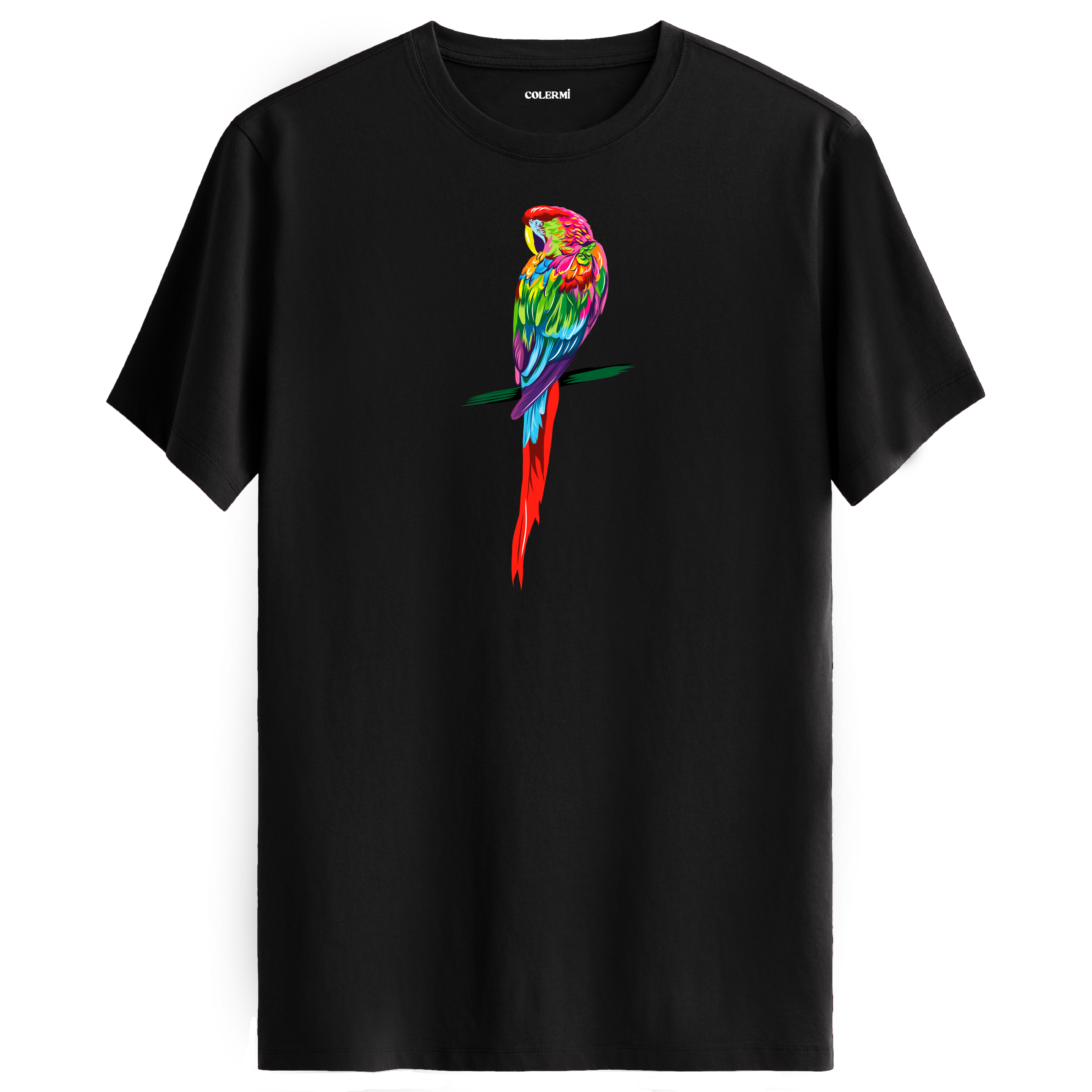 Siyah tişört üzerinde renkli papağan tasarımı