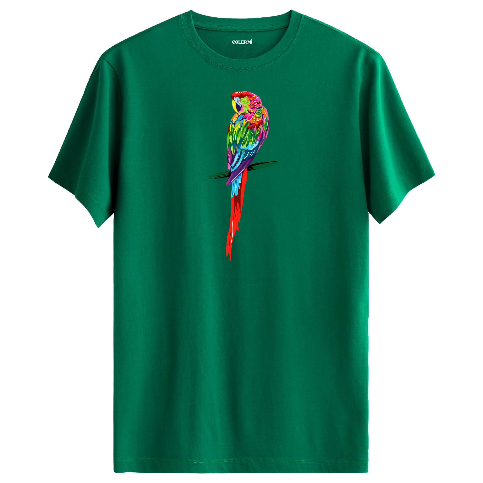 Yeşil tişört üzerinde renkli papağan tasarımı