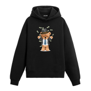 Para saçan takım elbiseli ayıcık baskılı hoodie, özgüven ve eğlence temalı tasarım.