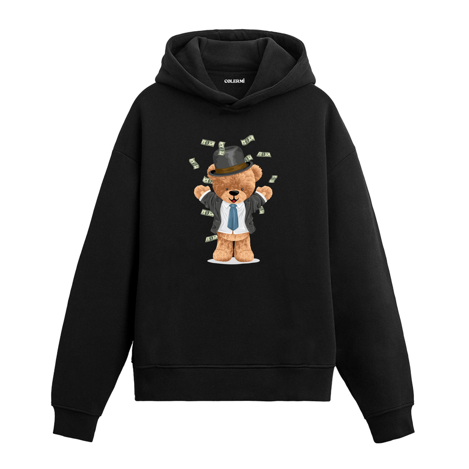 Para saçan takım elbiseli ayıcık baskılı hoodie, özgüven ve eğlence temalı tasarım.