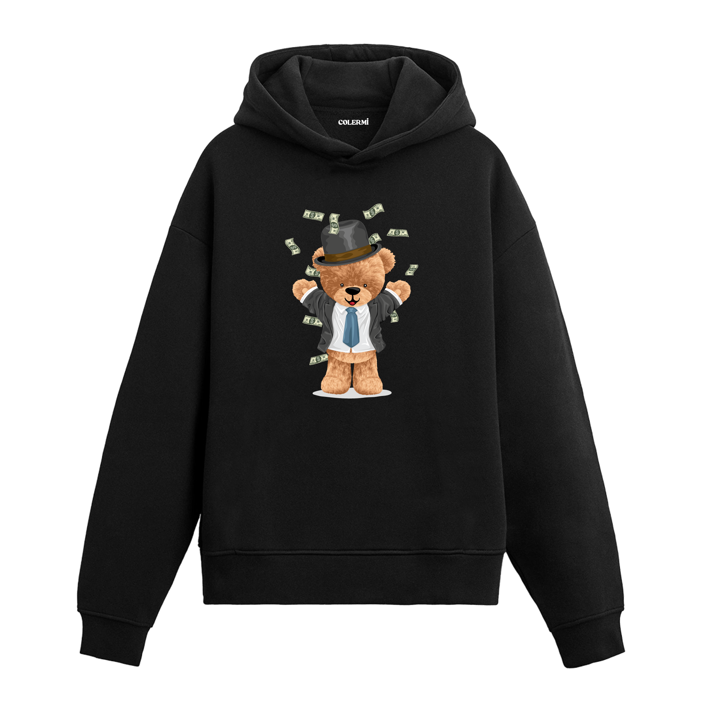 Para saçan takım elbiseli ayıcık baskılı hoodie, özgüven ve eğlence temalı tasarım.