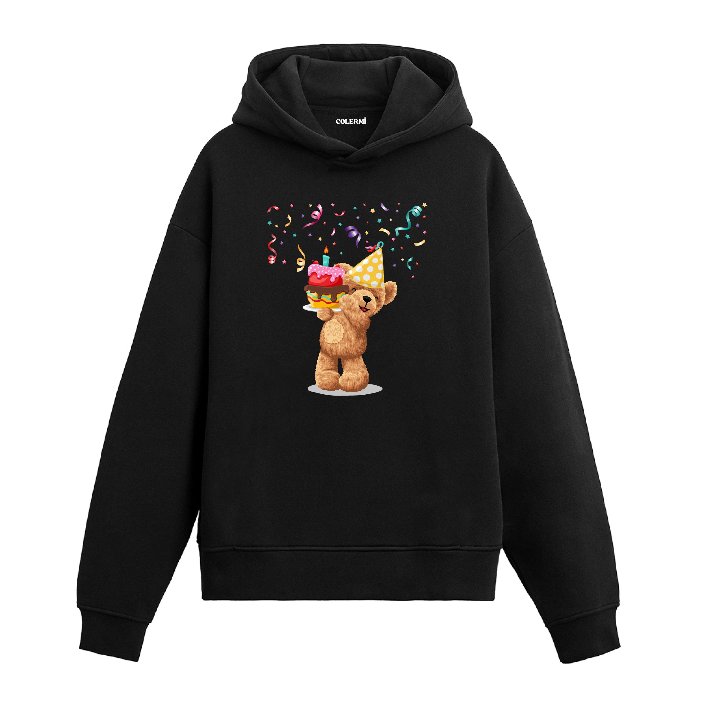 Parti şapkasıyla doğum günü pastası tutan ve konfeti altında kutlama yapan sevimli ayıcık baskılı hoodie tasarımı.