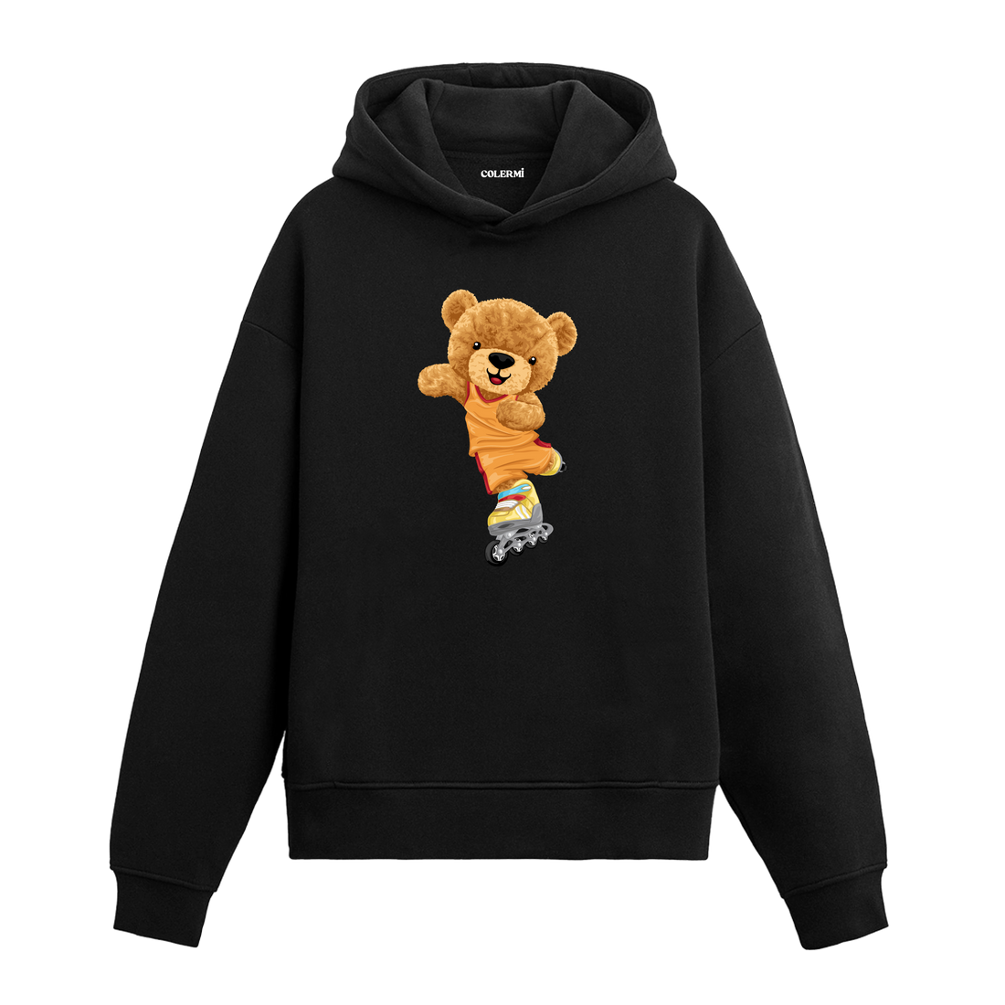 Renkli patenleriyle kayan sevimli ayıcık baskılı hoodie tasarımı.