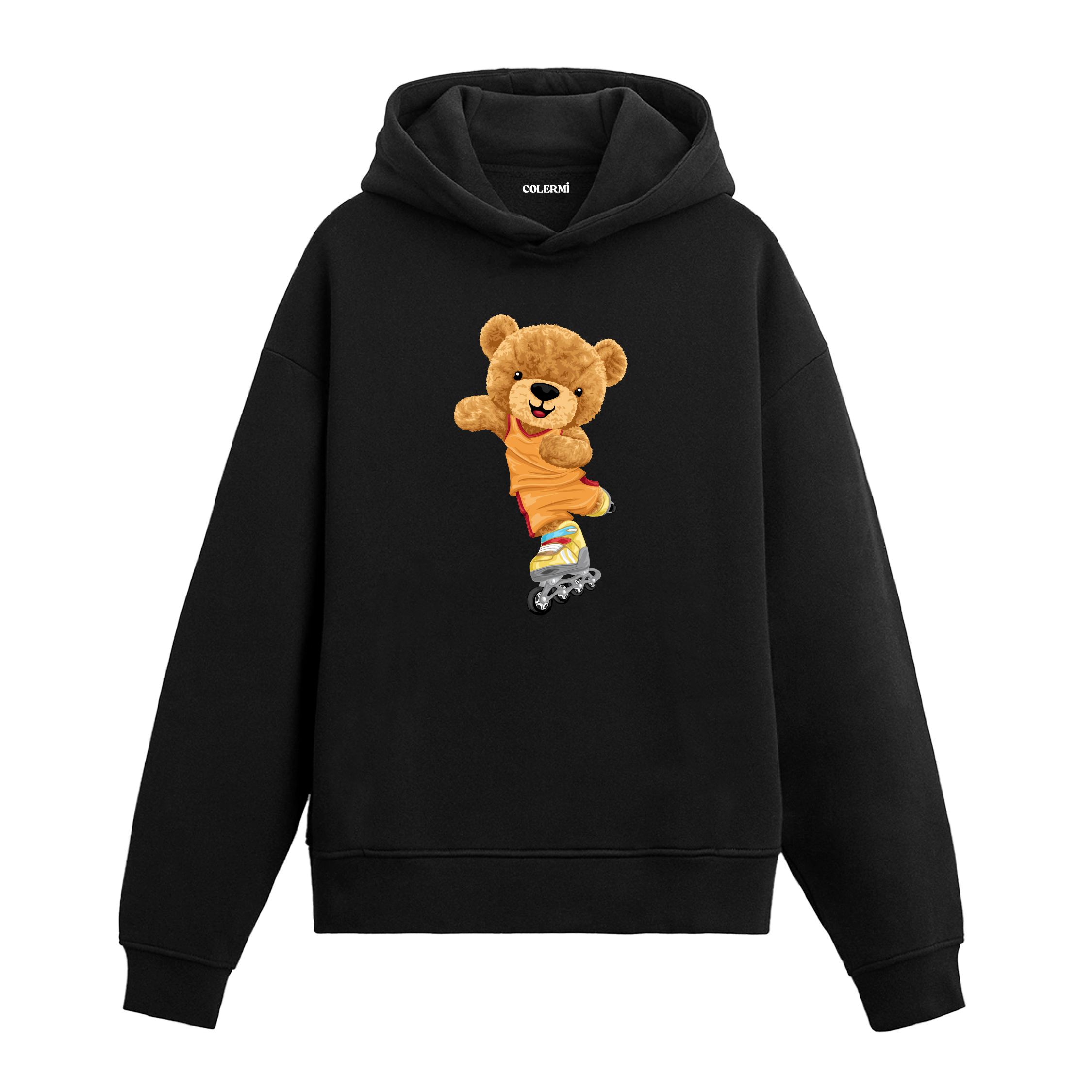 Renkli patenleriyle kayan sevimli ayıcık baskılı hoodie tasarımı.