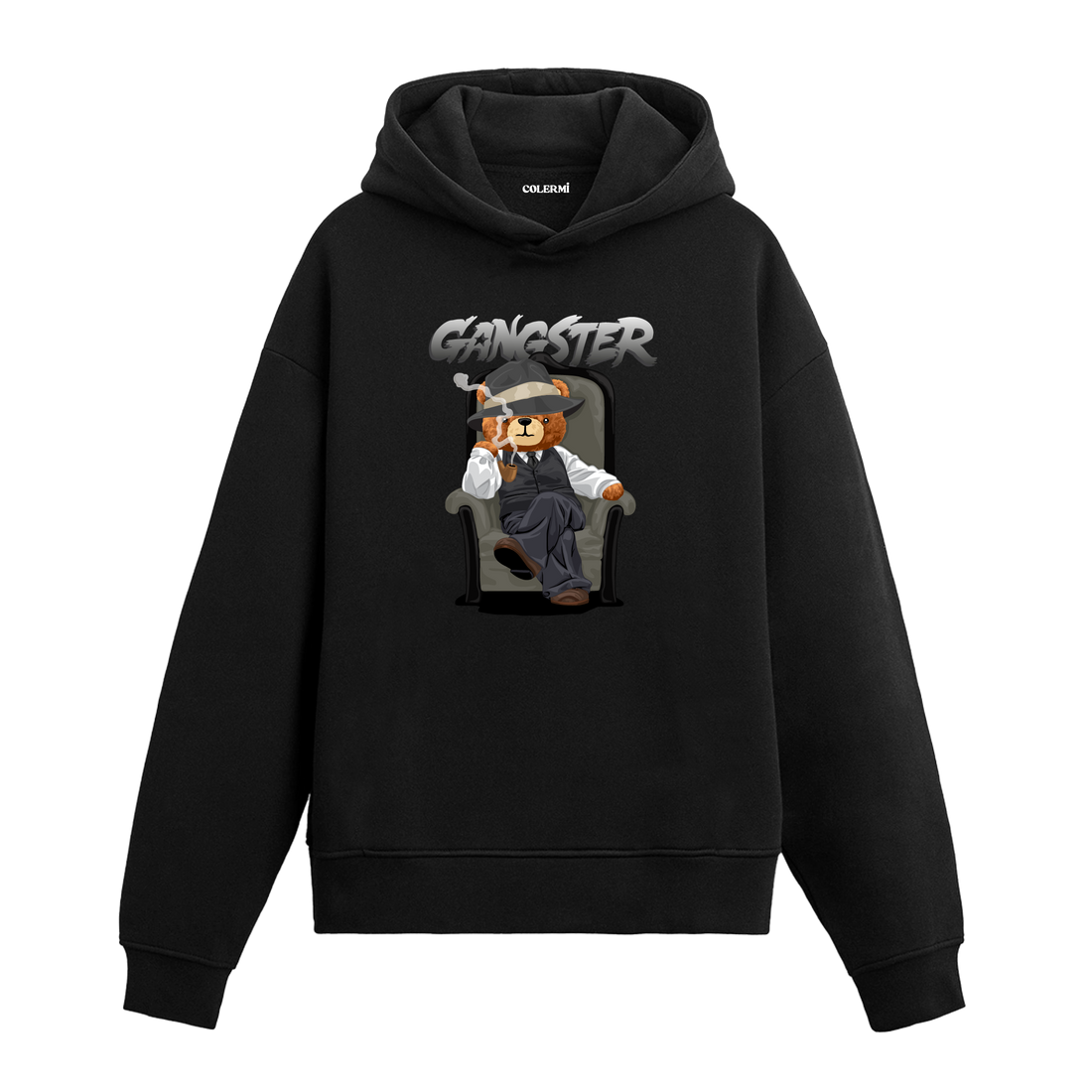 Koltukta oturan, fötr şapkalı ve takım elbiseli gangster temalı ayıcık baskılı hoodie tasarımı.