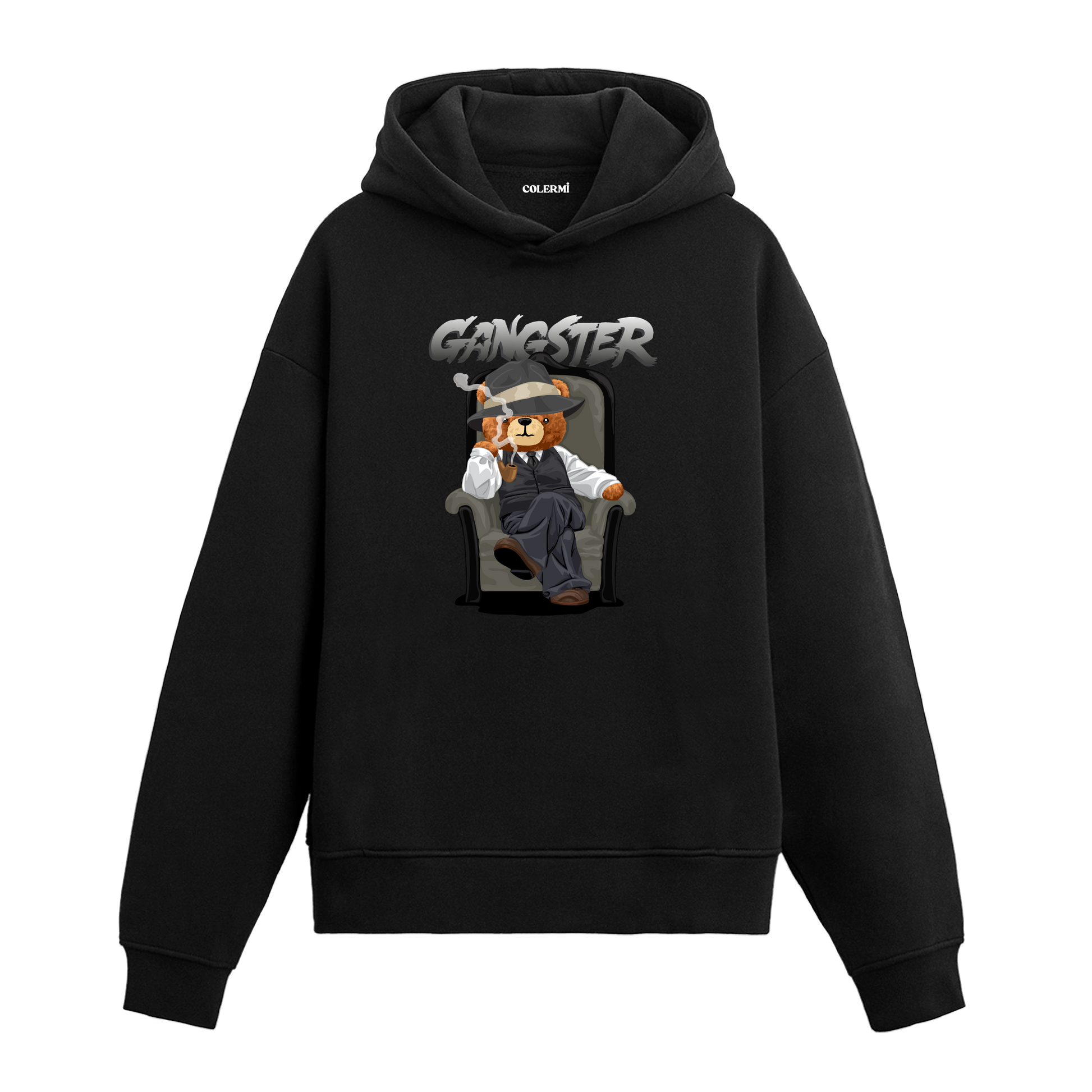 Koltukta oturan, fötr şapkalı ve takım elbiseli gangster temalı ayıcık baskılı hoodie tasarımı.