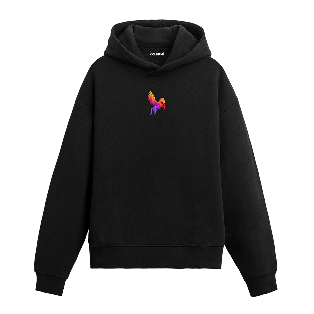 Siyah hoodie üzerinde renkli Pegasus baskısı