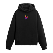 Siyah hoodie üzerinde renkli Pegasus baskısı