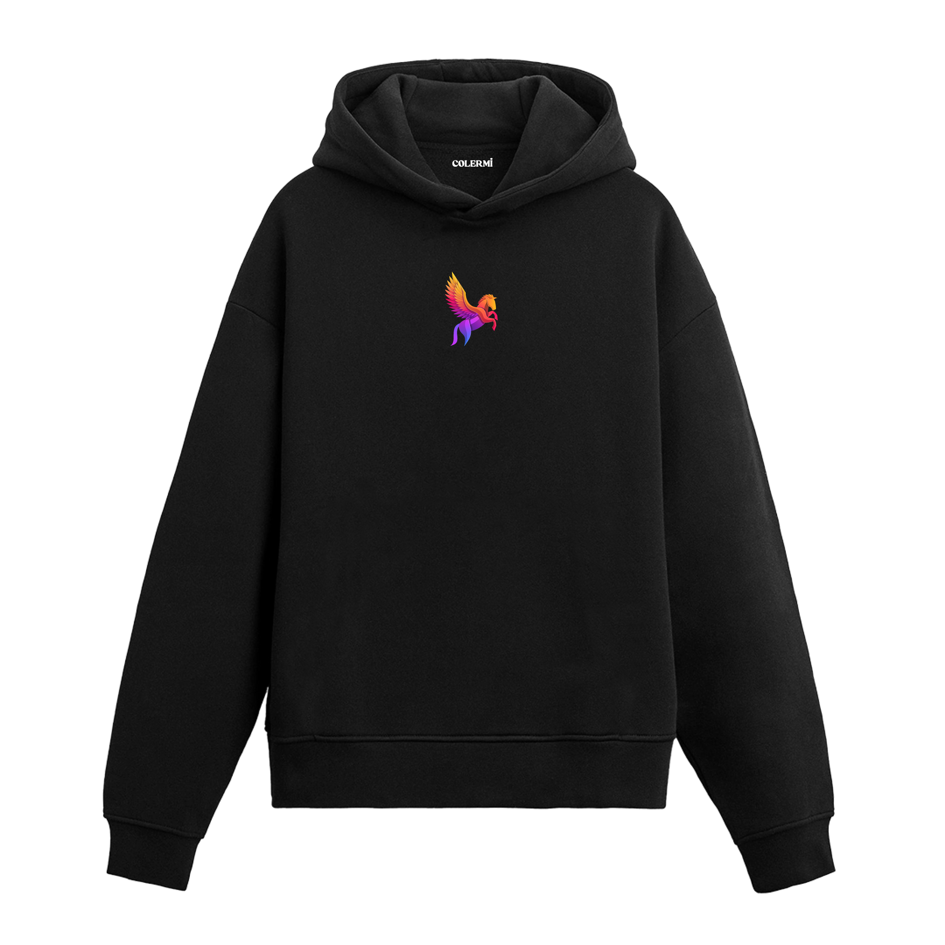 Siyah hoodie üzerinde renkli Pegasus baskısı