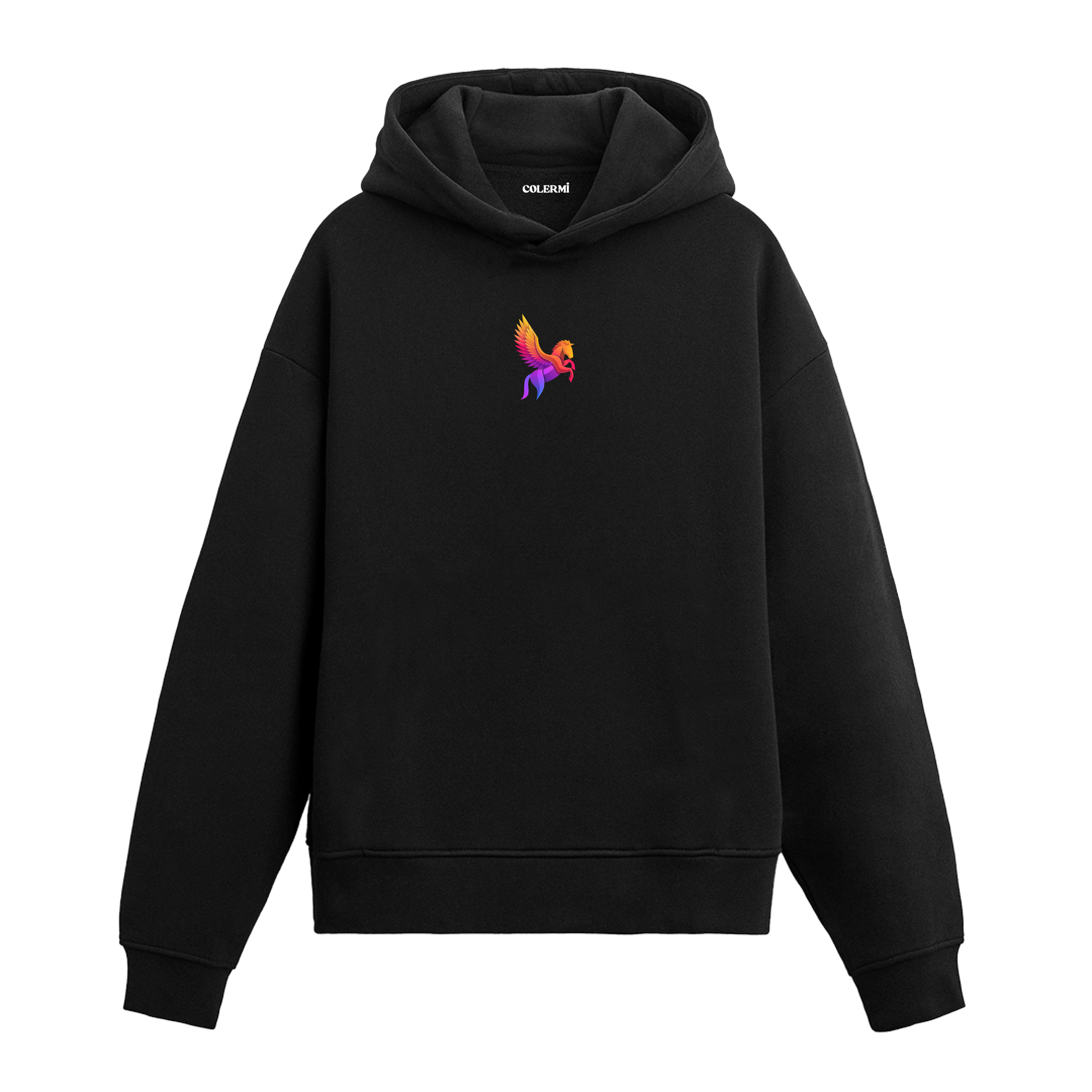 Siyah hoodie üzerinde renkli Pegasus baskısı