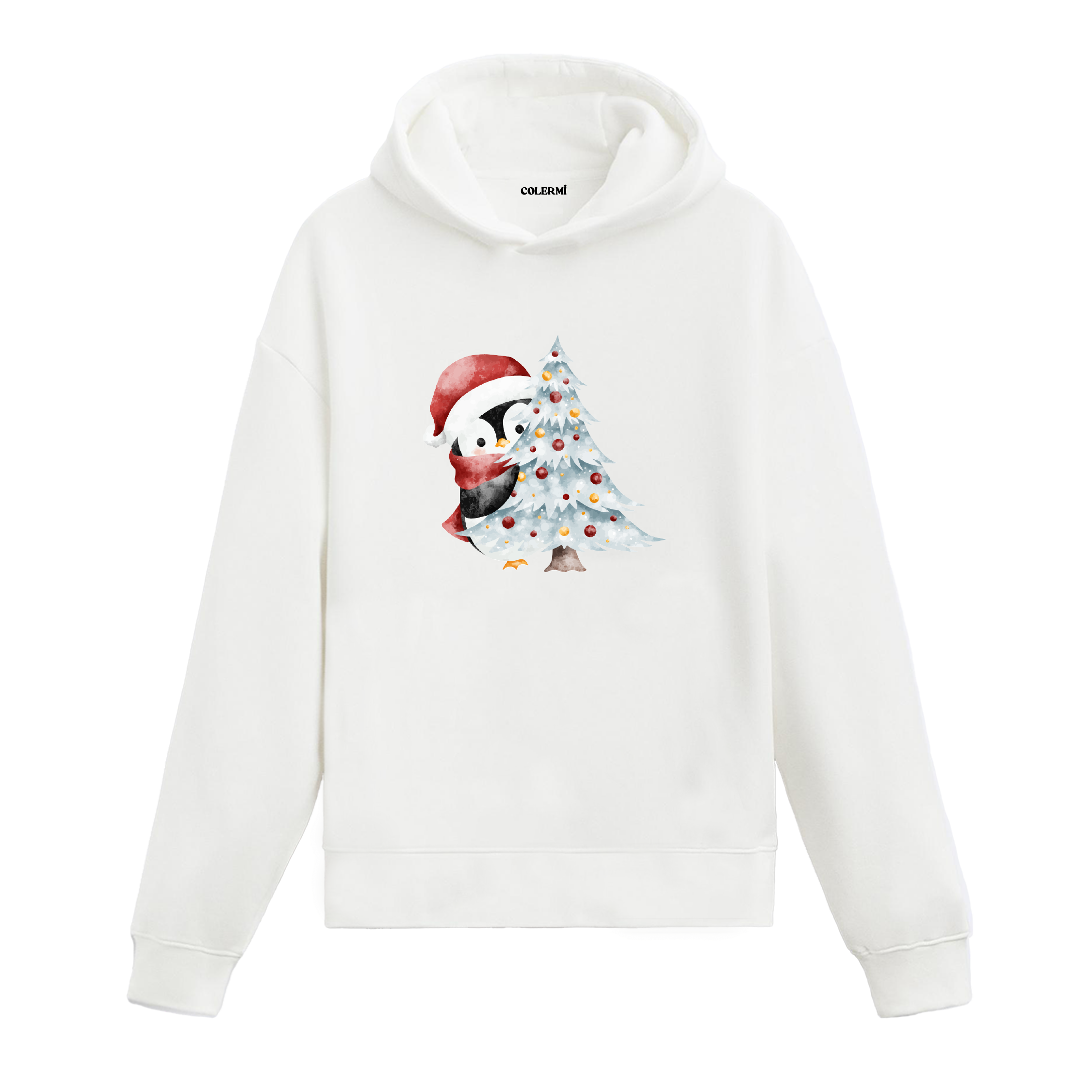 Beyaz hoodie, kırmızı atkılı penguen ve süslenmiş yılbaşı ağacı baskısı, pamuklu unisex hoodie