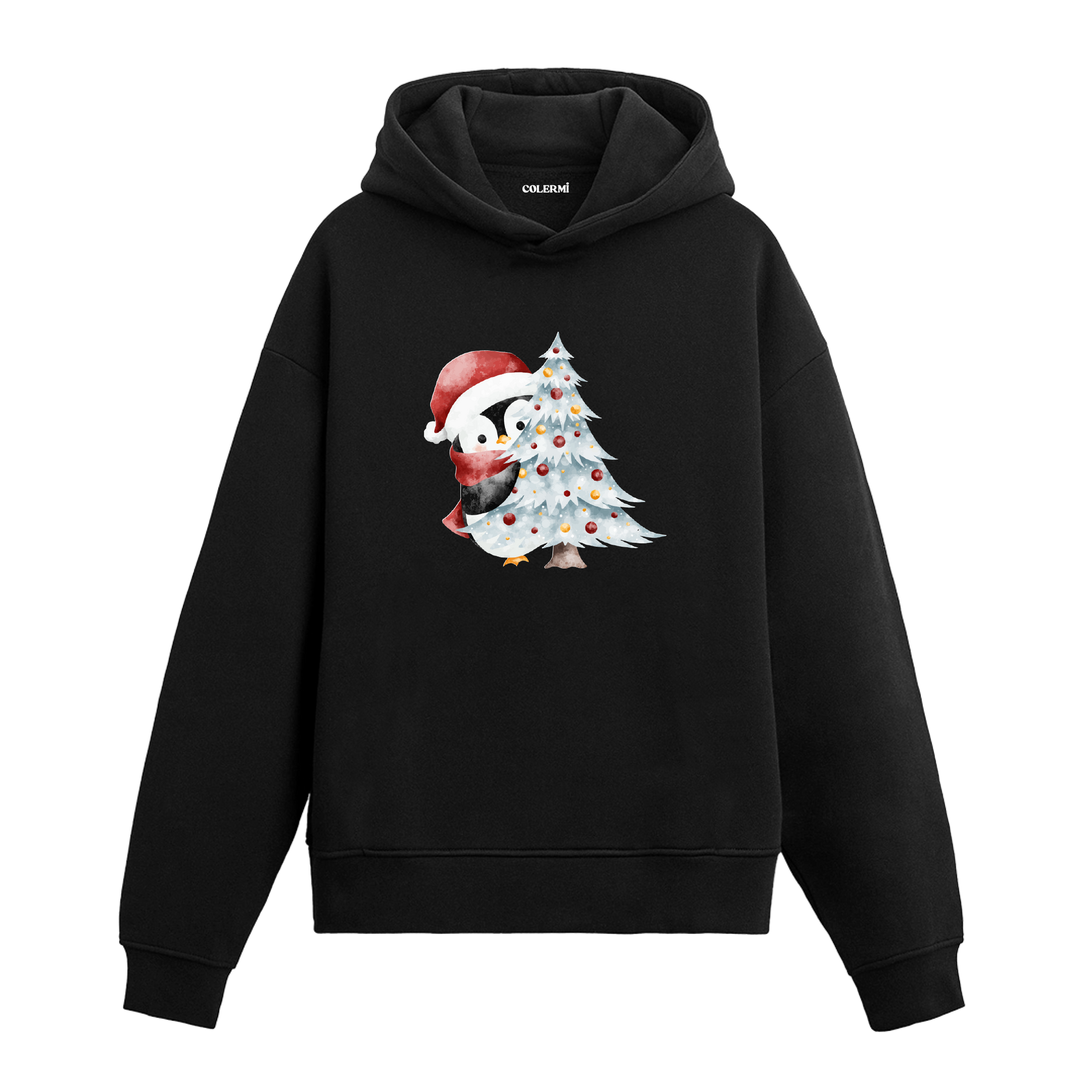 Siyah hoodie, Noel şapkalı penguen ve süslenmiş yılbaşı ağacı baskısı, pamuklu unisex hoodie