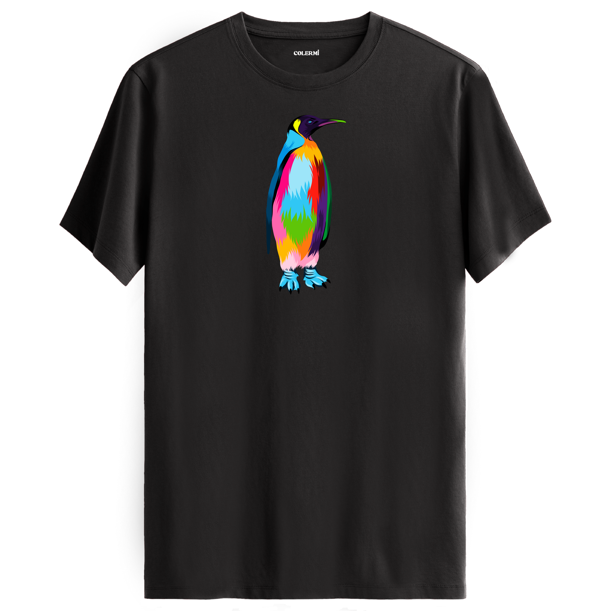 Antrasit tişört üzerinde renkli penguen tasarımı