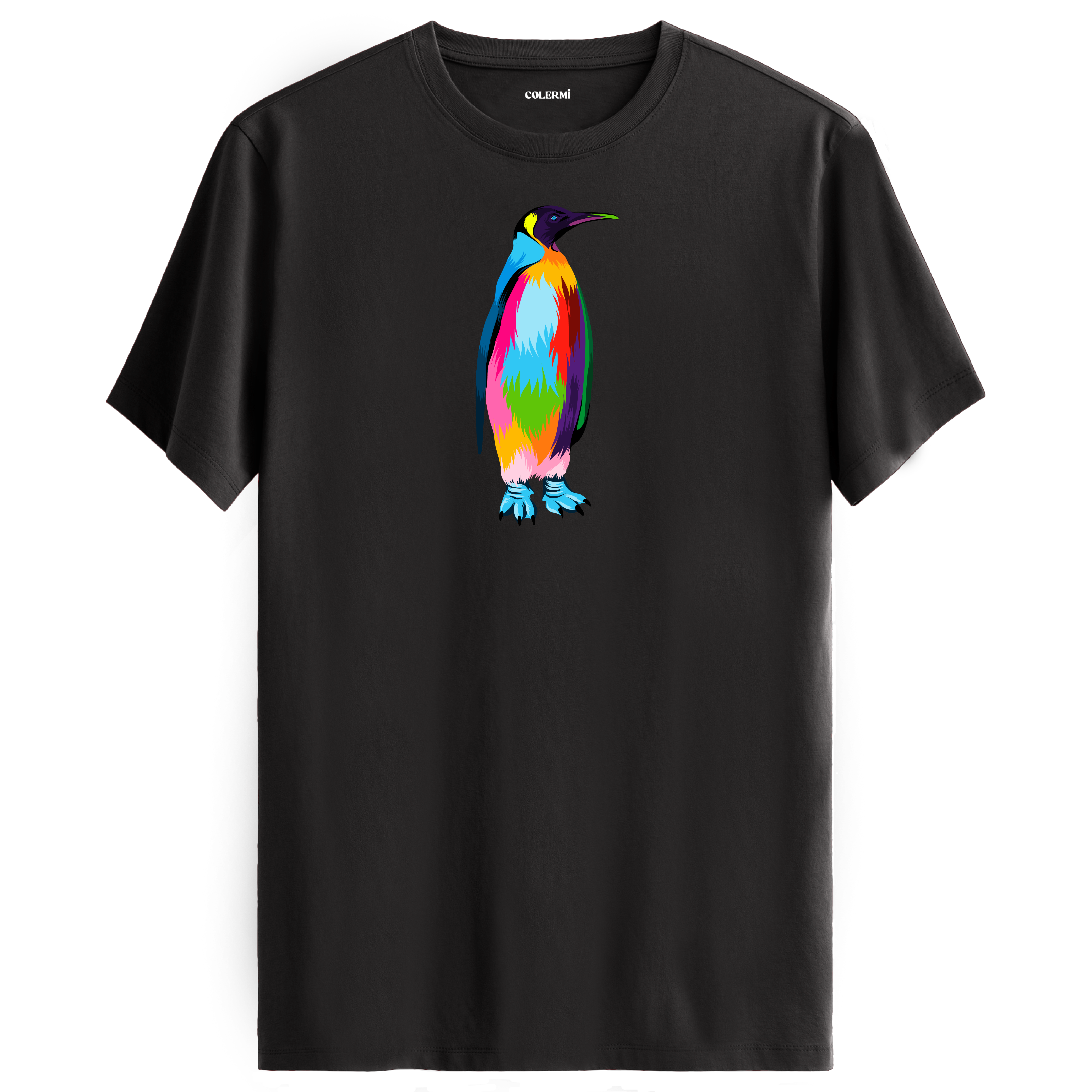 Antrasit tişört üzerinde renkli penguen tasarımı
