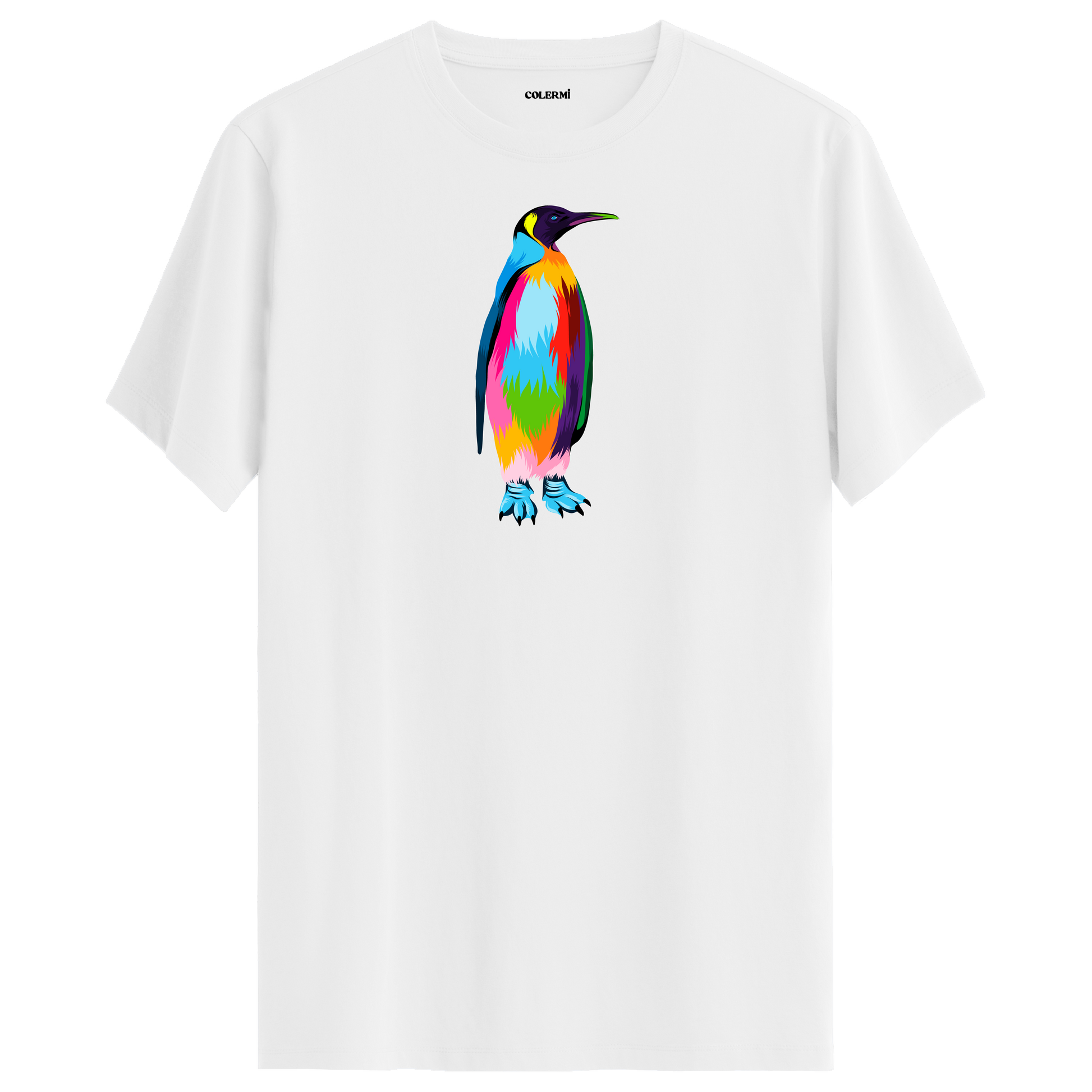 Beyaz tişört üzerinde renkli penguen tasarımı