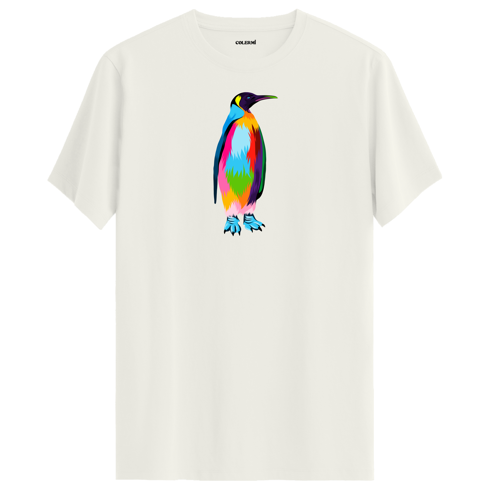 Ekru tişört üzerinde renkli penguen tasarımı