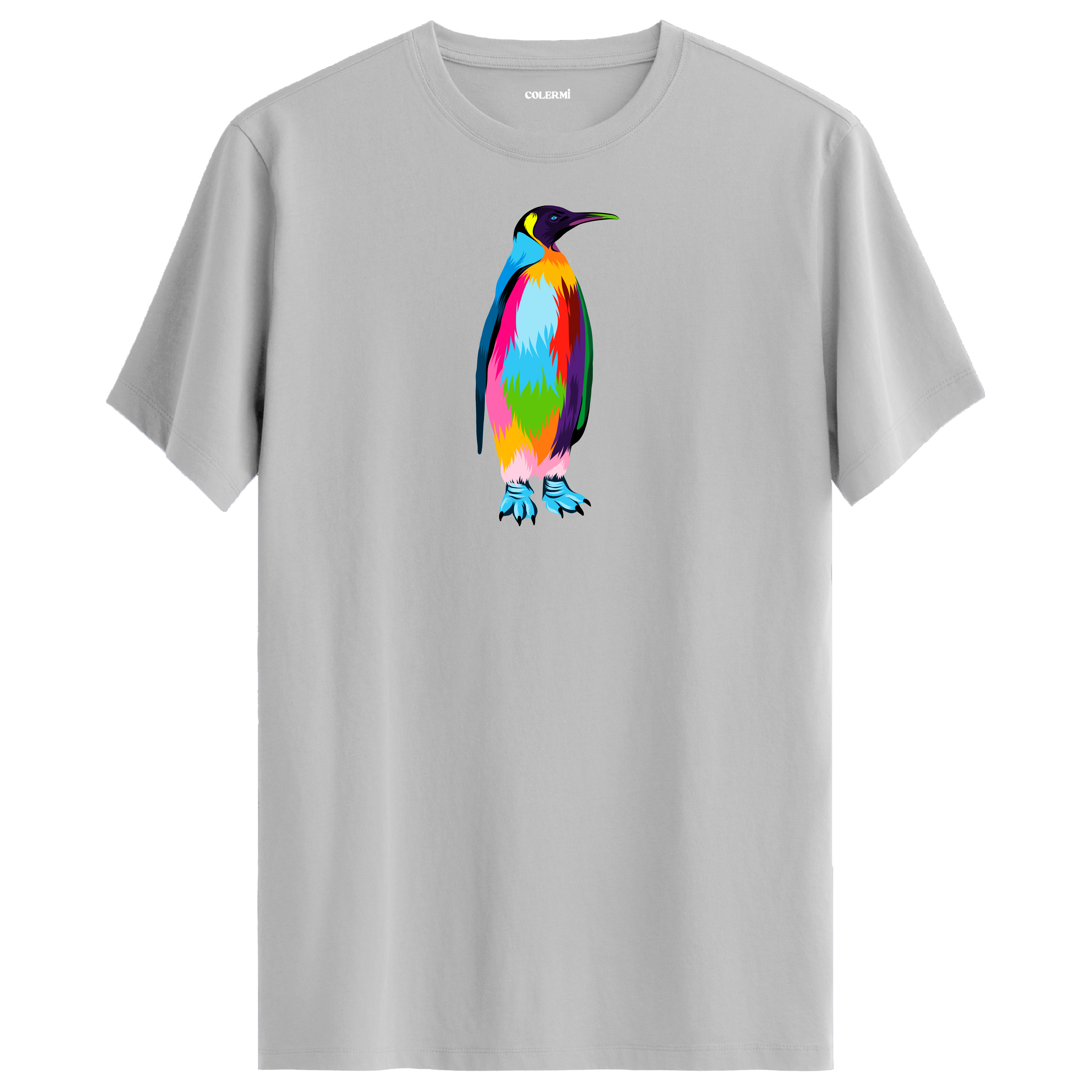 Gri tişört üzerinde renkli penguen tasarımı
