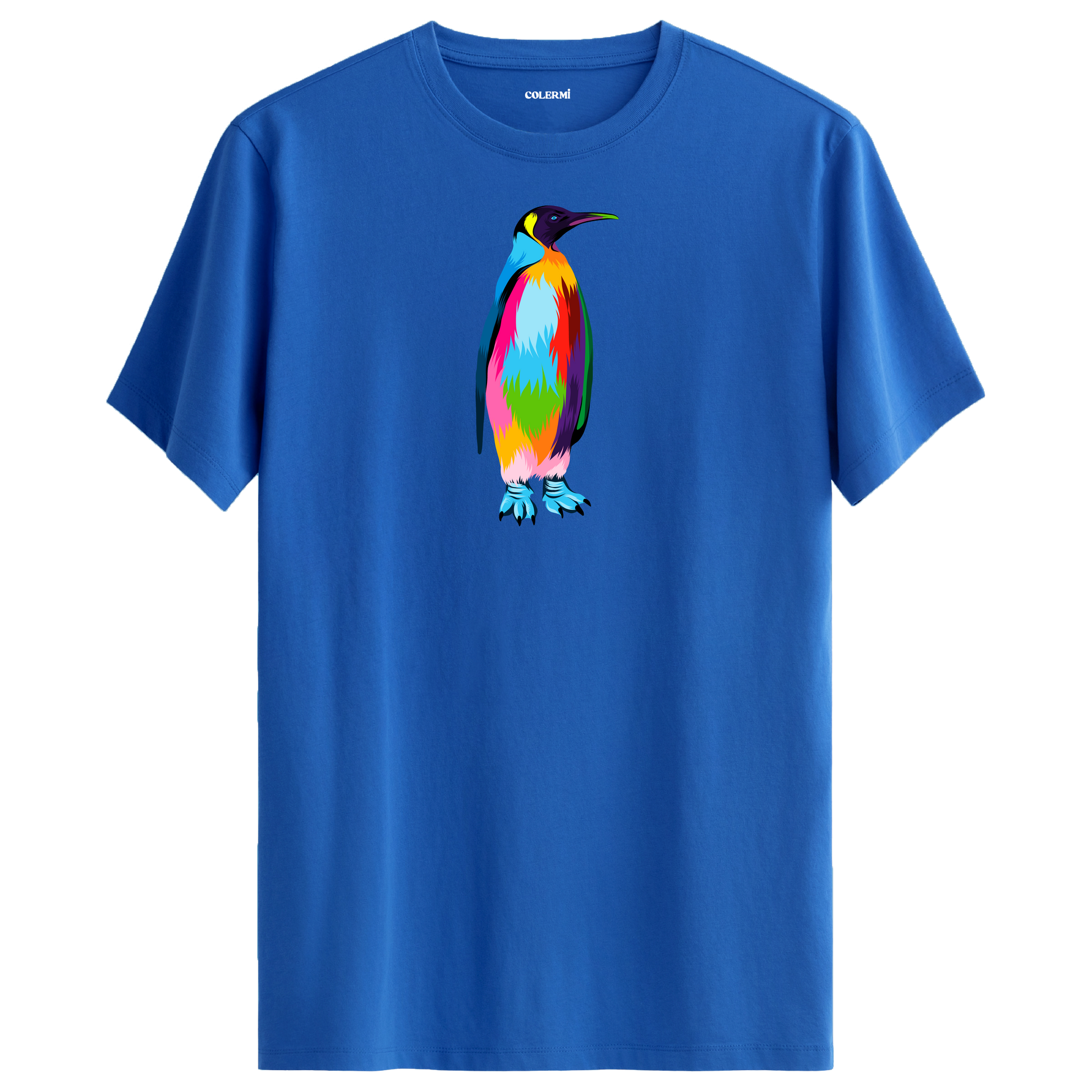 Mavi tişört üzerinde renkli penguen tasarımı