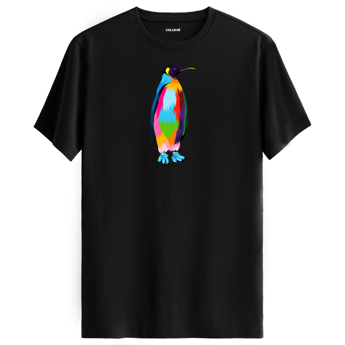 Siyah tişört üzerinde renkli penguen tasarımı