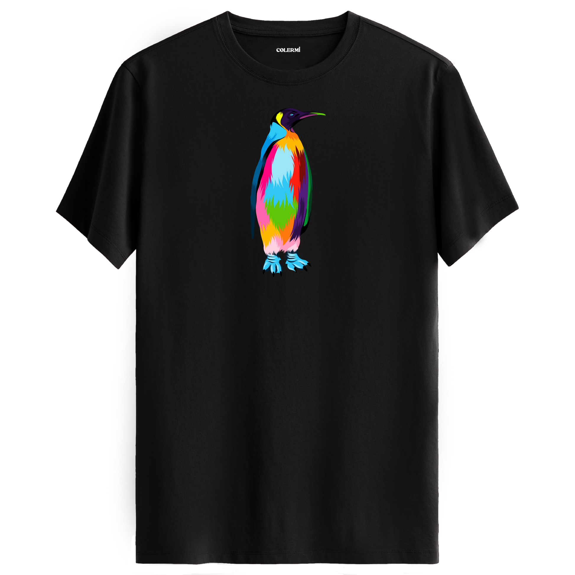 Siyah tişört üzerinde renkli penguen tasarımı