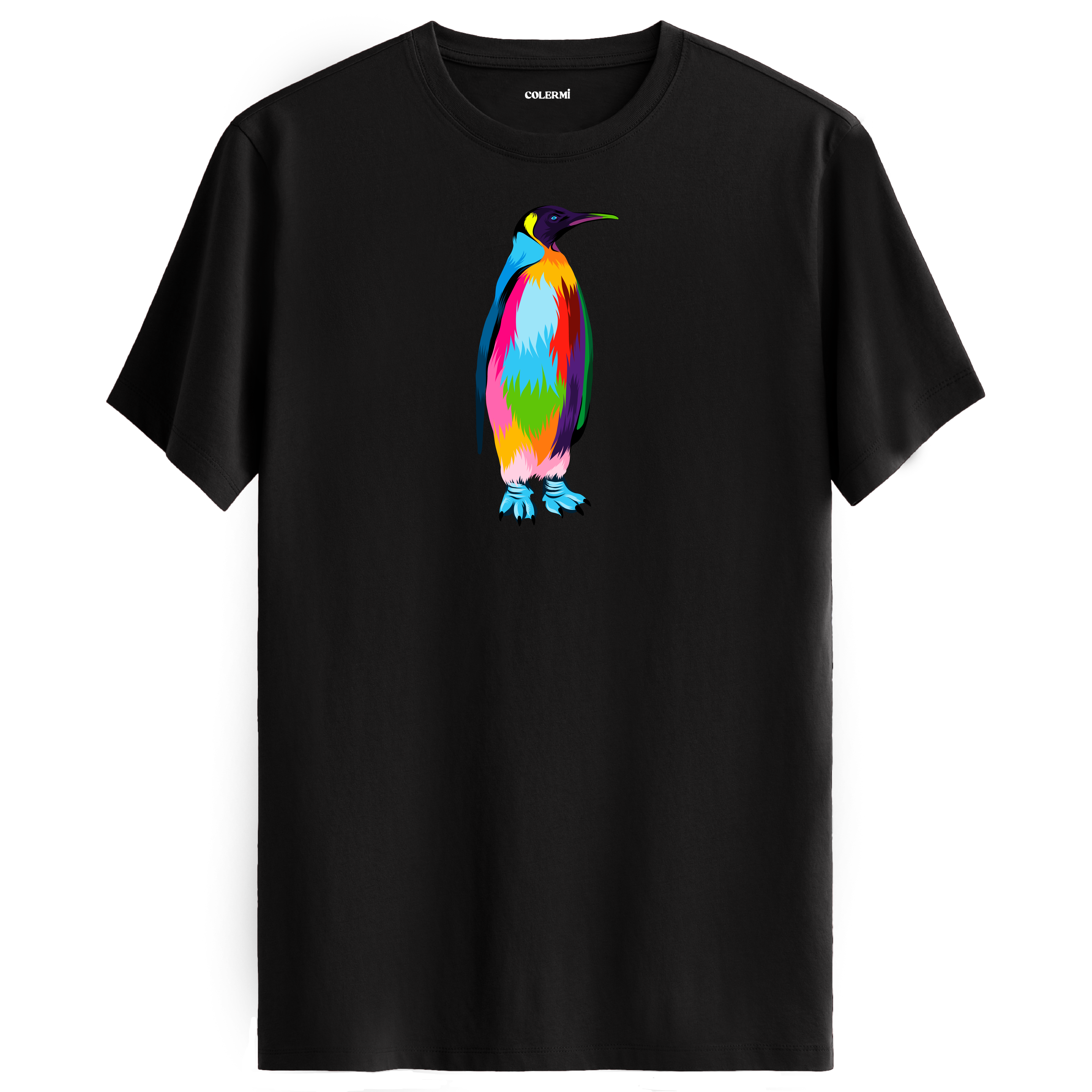 Siyah tişört üzerinde renkli penguen tasarımı