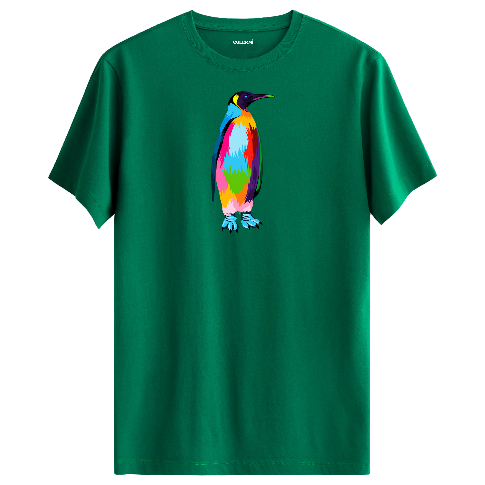 Yeşil tişört üzerinde renkli penguen tasarımı