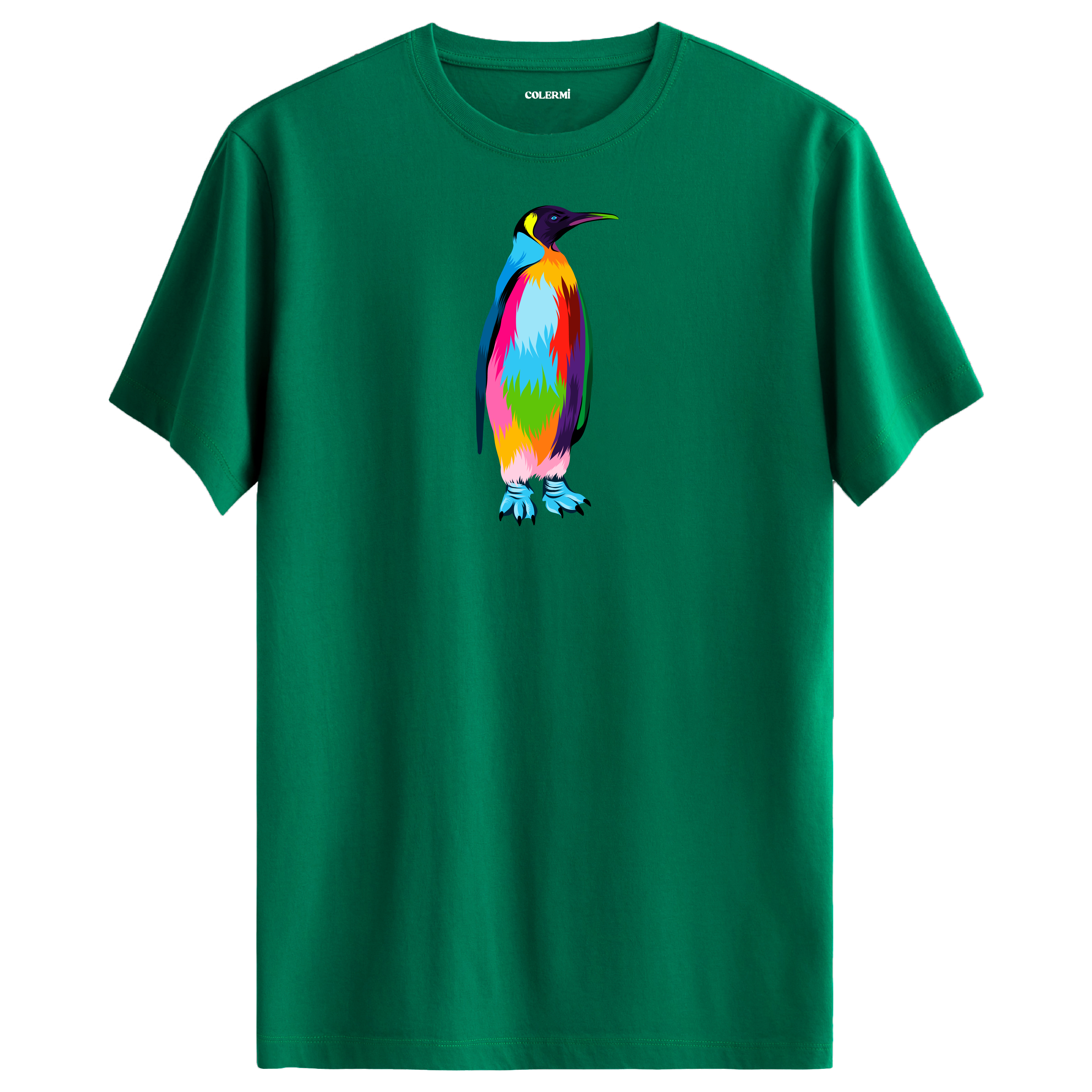 Yeşil tişört üzerinde renkli penguen tasarımı