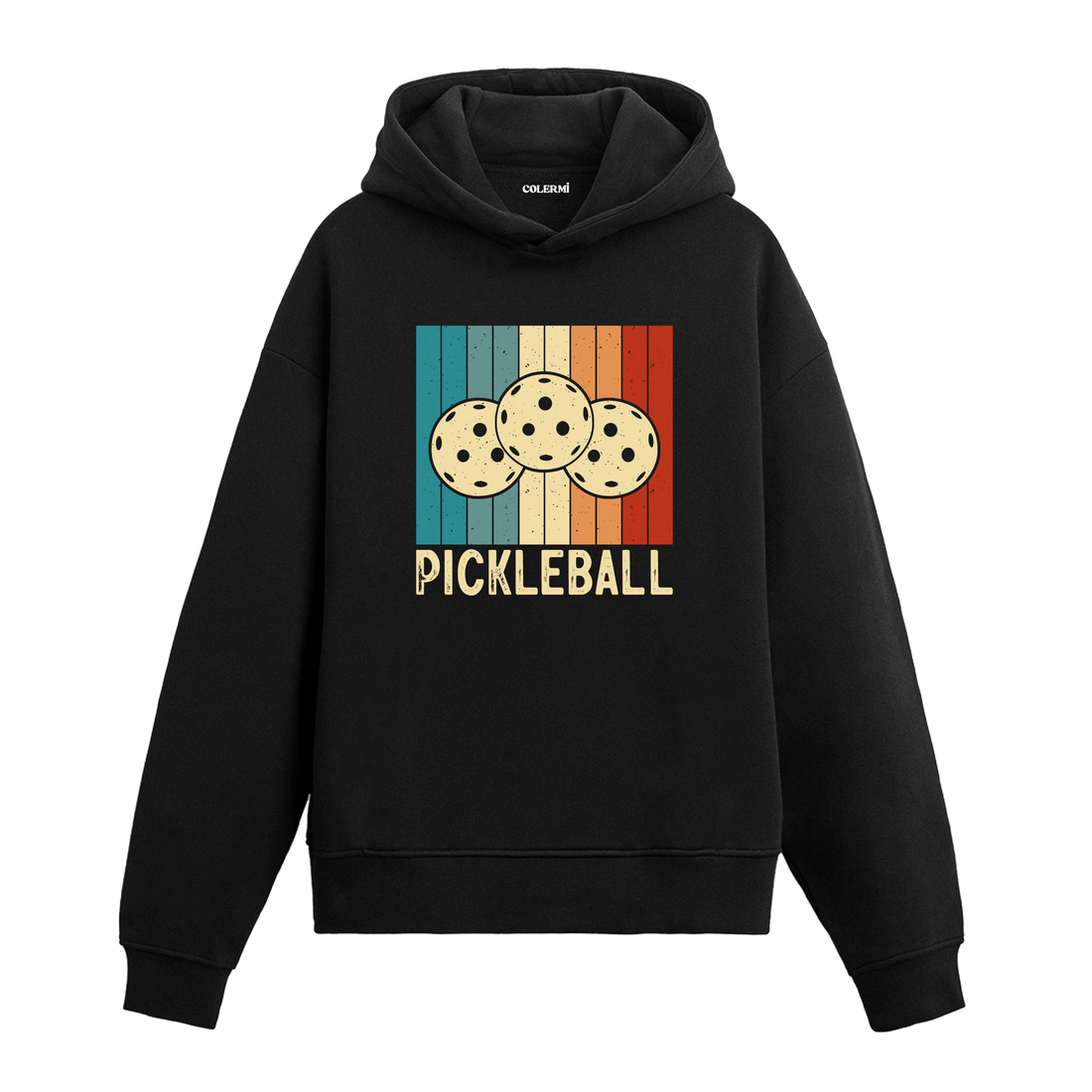 Pickleball topları baskılı siyah hoodie – retro çizgili spor temalı tasarım