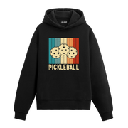 Pickleball topları baskılı siyah hoodie – retro çizgili spor temalı tasarım