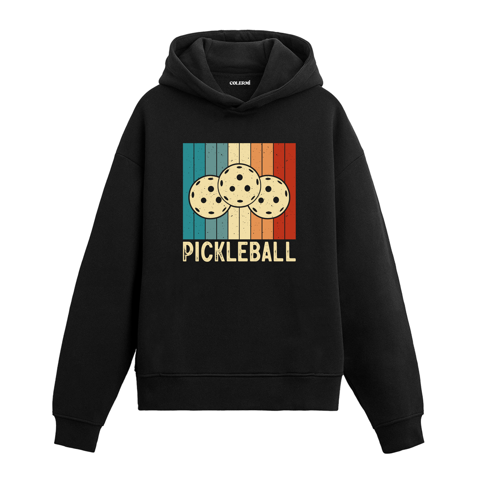 Pickleball topları baskılı siyah hoodie – retro çizgili spor temalı tasarım