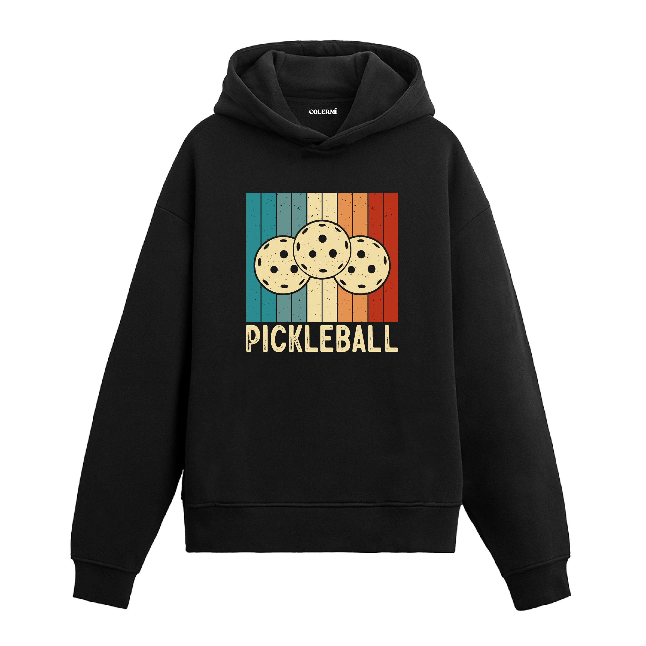 Pickleball topları baskılı siyah hoodie – retro çizgili spor temalı tasarım