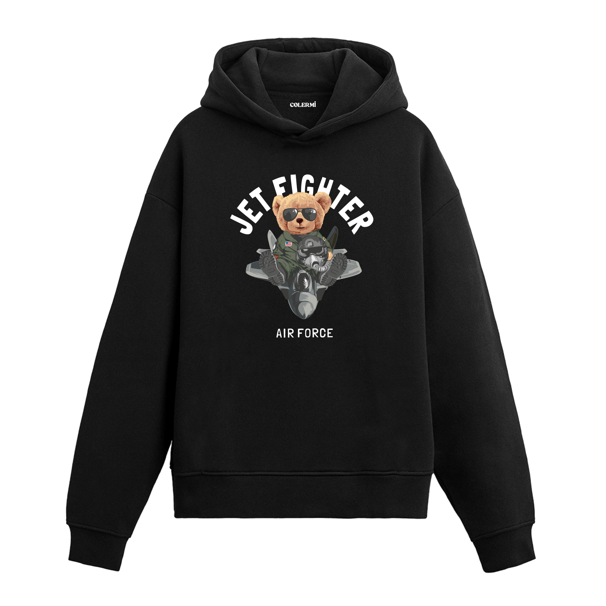 Jet uçağı üzerinde oturan pilot kıyafetli ayıcık baskılı hoodie tasarımı.