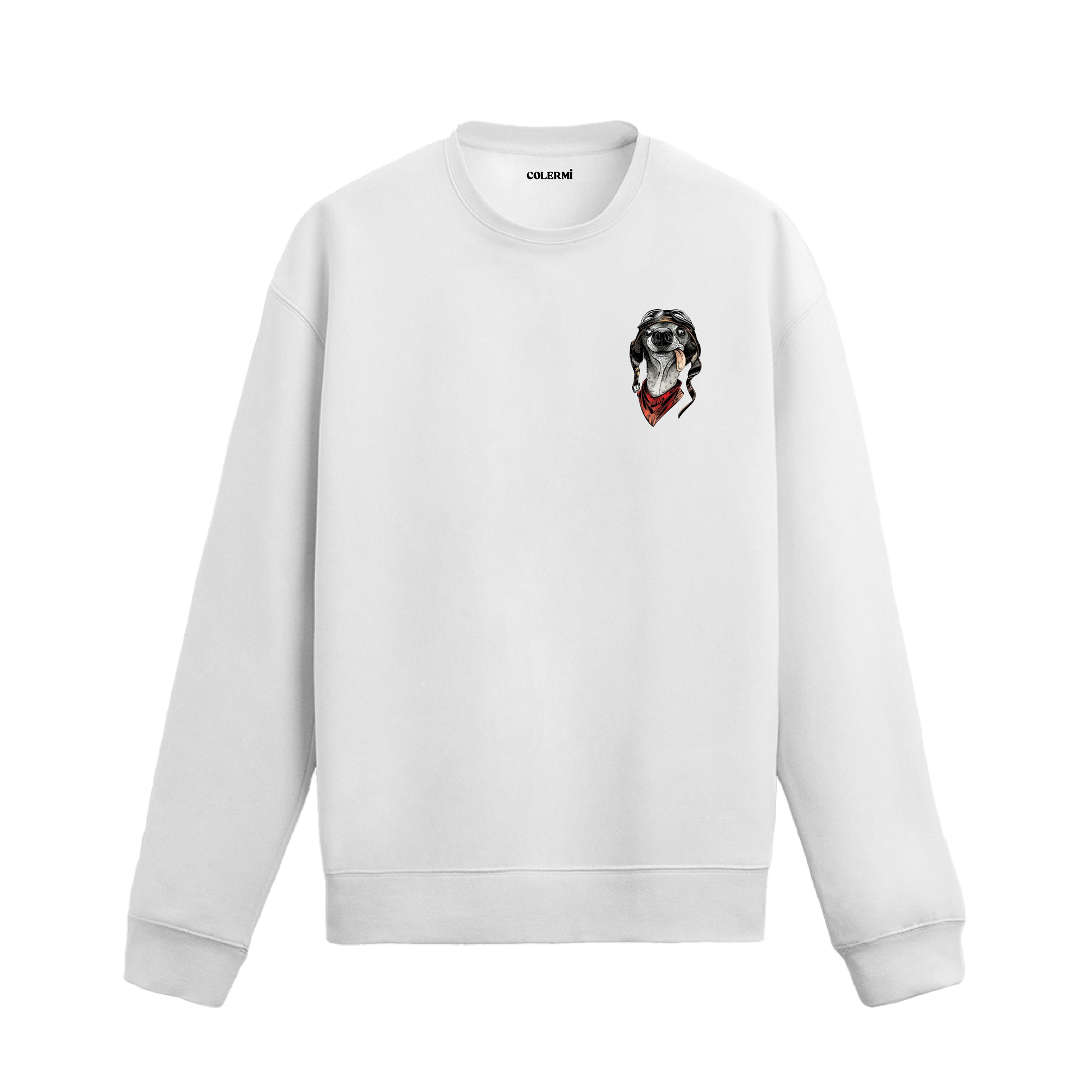 Pilot gözlüğü ve fular takmış, dilini çıkarmış köpek illüstrasyonlu sweatshirt tasarımı.