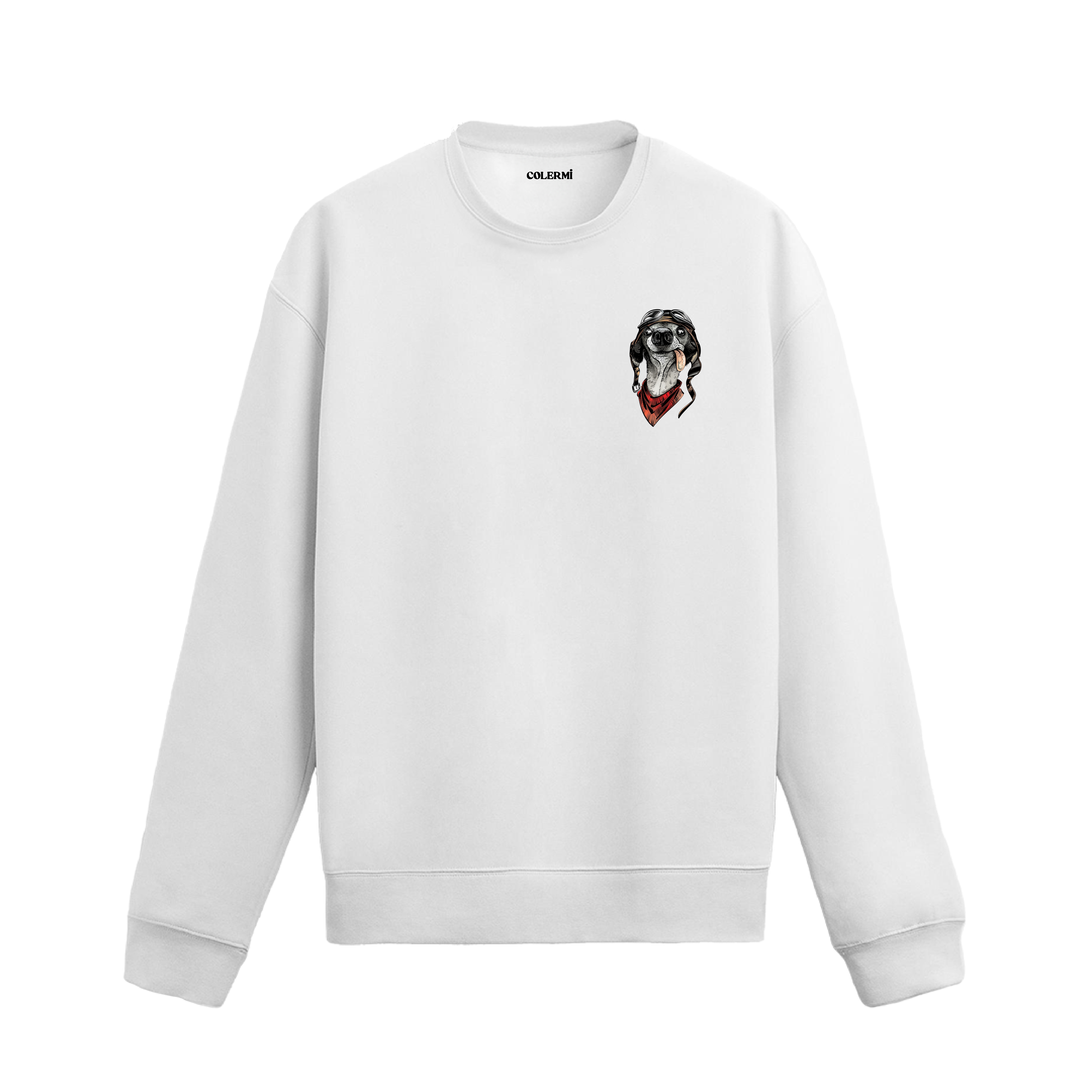 Pilot gözlüğü ve fular takmış, dilini çıkarmış köpek illüstrasyonlu sweatshirt tasarımı.